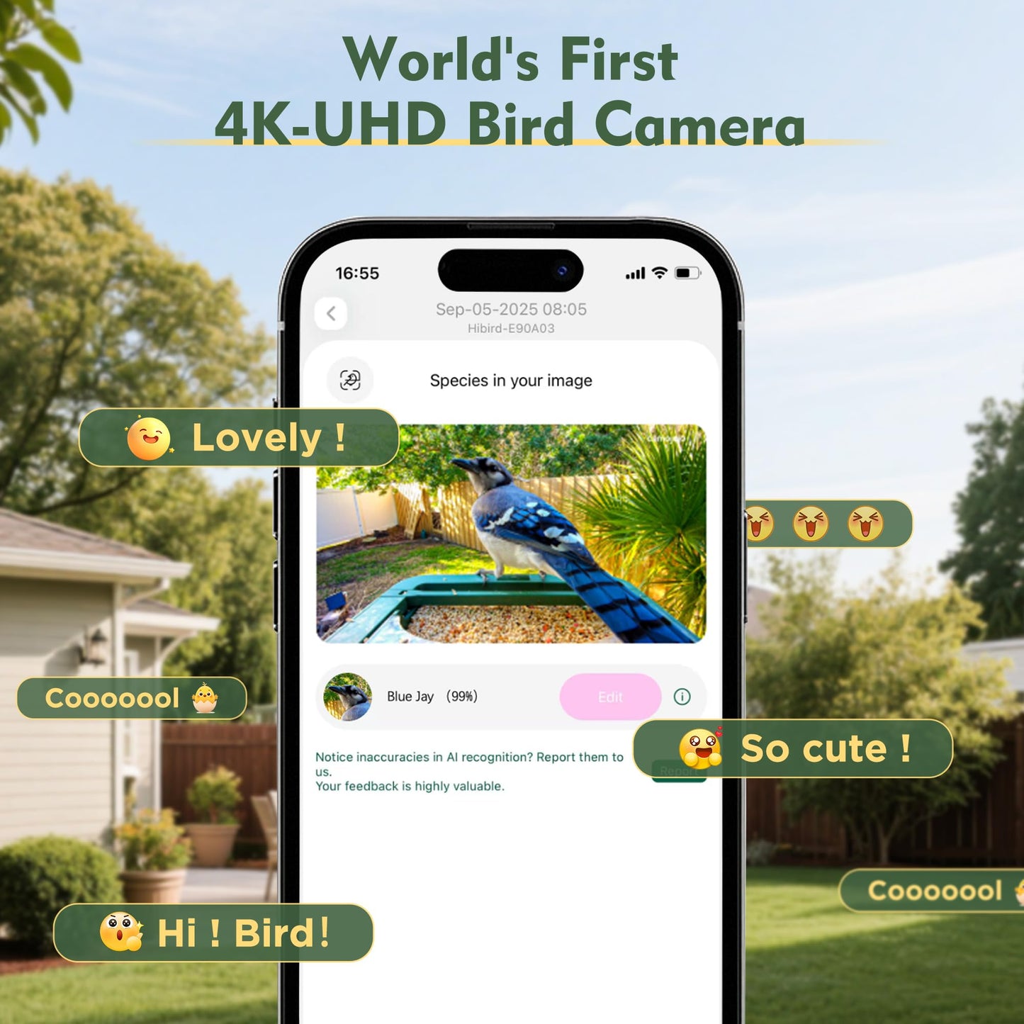 Hibird 4K HD Smart Bird Feeder Camera, 2.4G/5G Dual WiFi Wireless Outdoor, 6X Slow Motion Auto Bird Video Capture, Instant Notifications, AI Identify 10000+ Species for Everyone