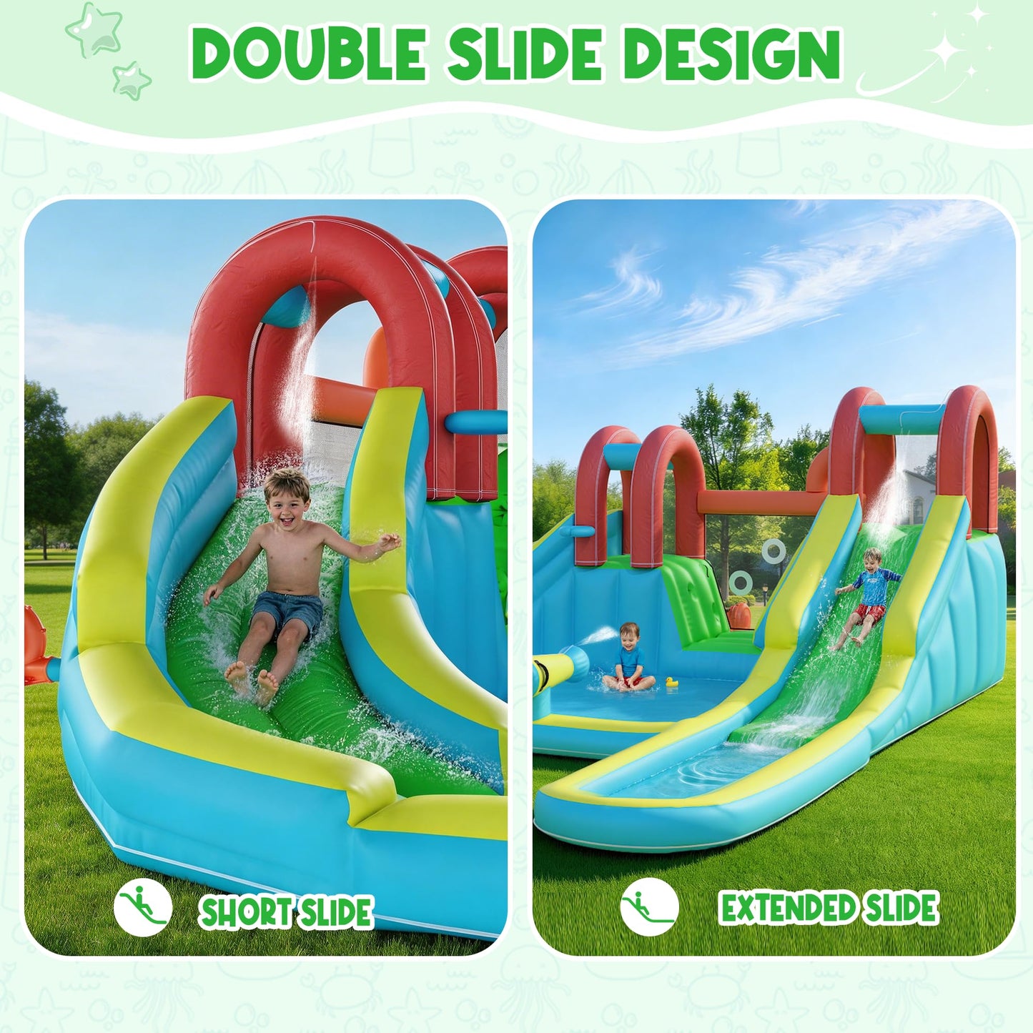HOMMOW Inflatable Water Slide,10 in 1 Double Water Slide Bounce House for Kids 3-12 with Blower, Splash Pool, Water Cannon, Climbing Wall, Basketball Hoop for Kids Indoor Outdoor Backyard