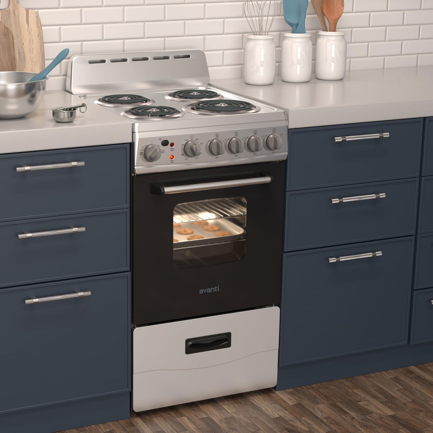 Avanti Electric Range Oven Compact Design, 2.1-Cu.Ft. Capacity with 4 Coil Burners, Framed Glass Oven Door, Storage Drawer and Broiler with Pan Perfect for Apartments, 20-Inch, Stainless Steel