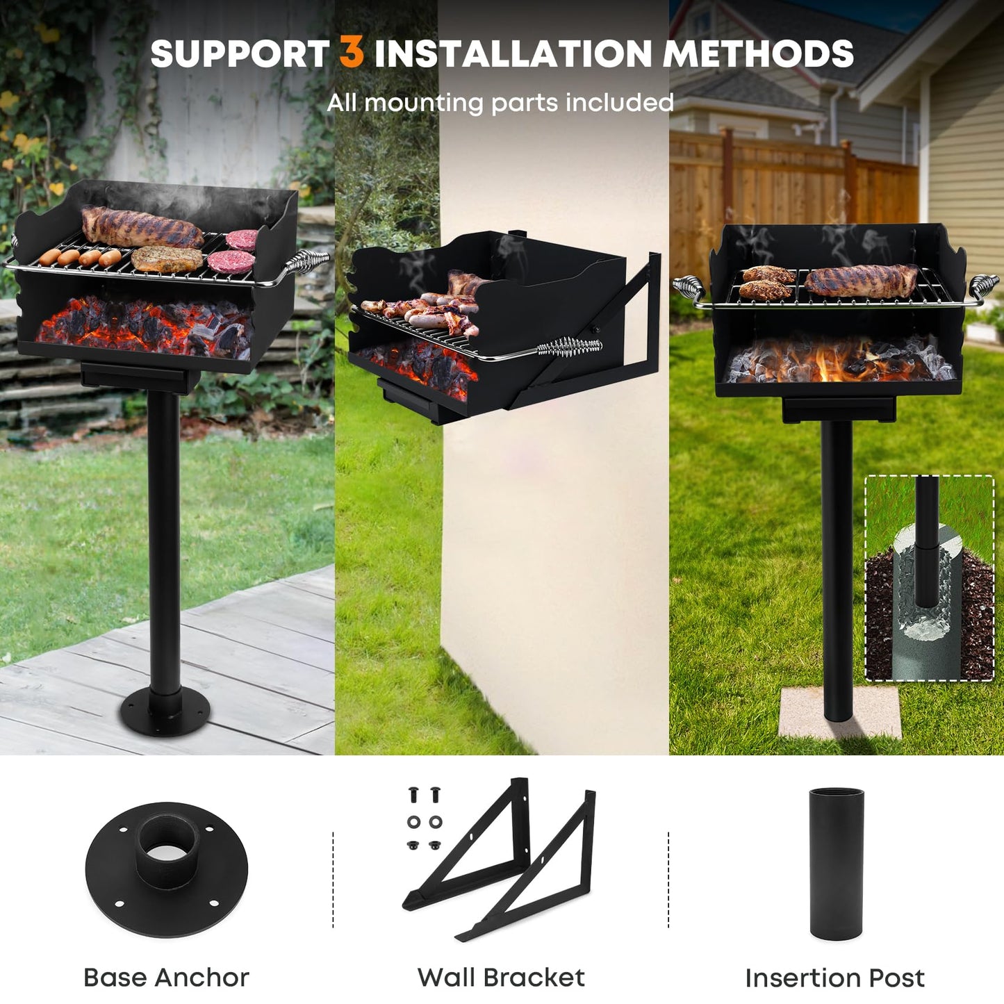 Stanbroil Charcoal Barbecue Grill for Outdoor, Heavy Duty Steel Park BBQ Grill with Stainless Steel Cooking Grate and Above/In Ground Post for Camping and Backyard