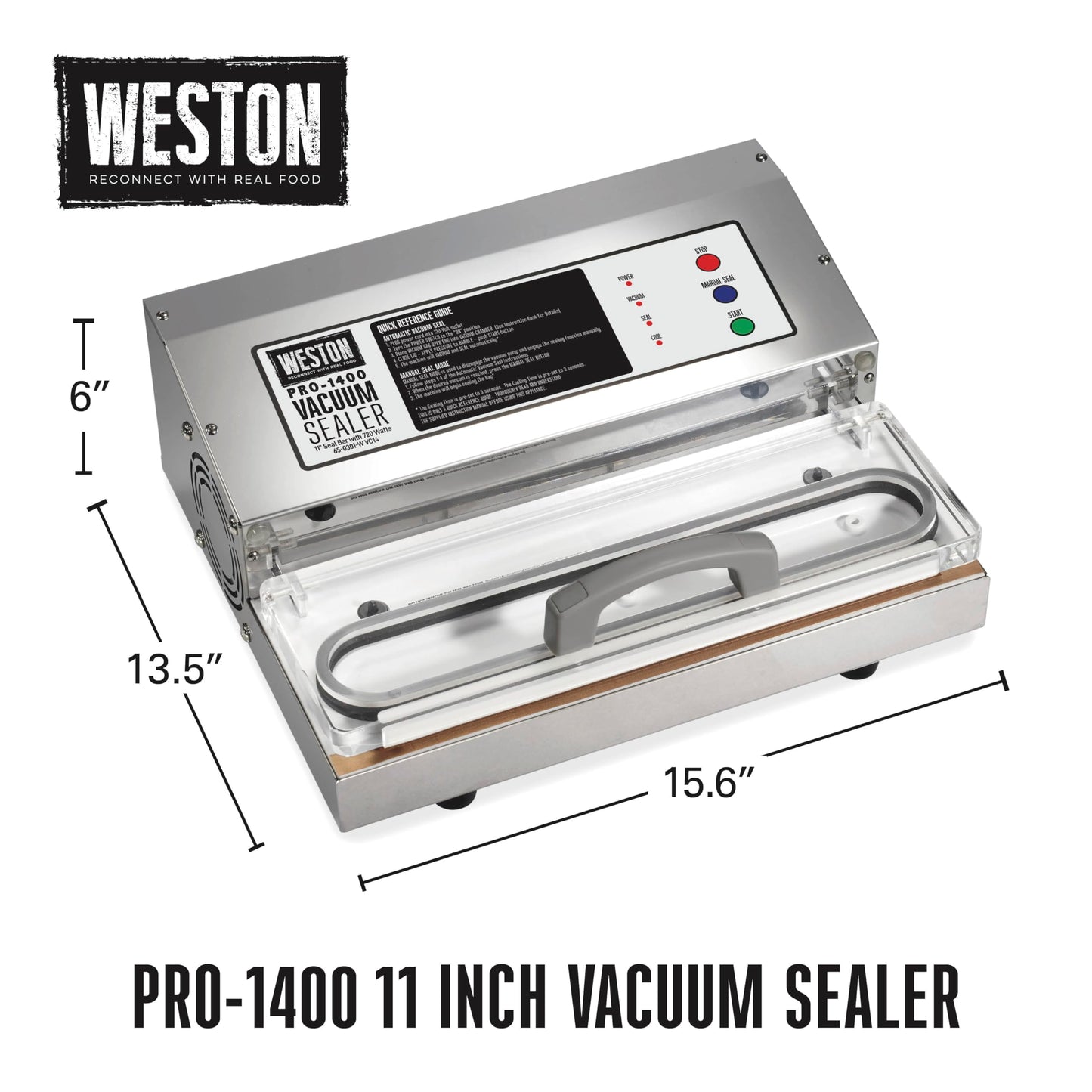 Weston Brands Vacuum Sealer Machine for Food Preservation & Sous Vide, Extra-Wide 5mm Bar for Sealing Bags up to 11" Wide, 720 Watts, Commercial Grade Pro 1400, Stainless Steel (65-0301-W)