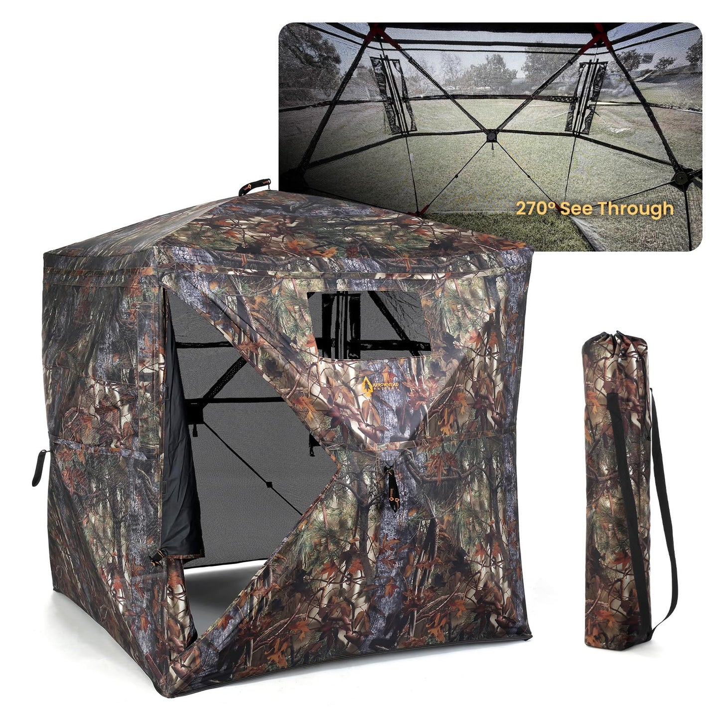 Arrowhead Outdoor 270° Vision 4.8x4.8 Ft Pop-up 2-3 Person See-Through Hunting Stealth Deer Blind Shelter w/Magnetic Door, Sliding Windows and Backpack Carry Bag, Noise-Free Camouflage Design