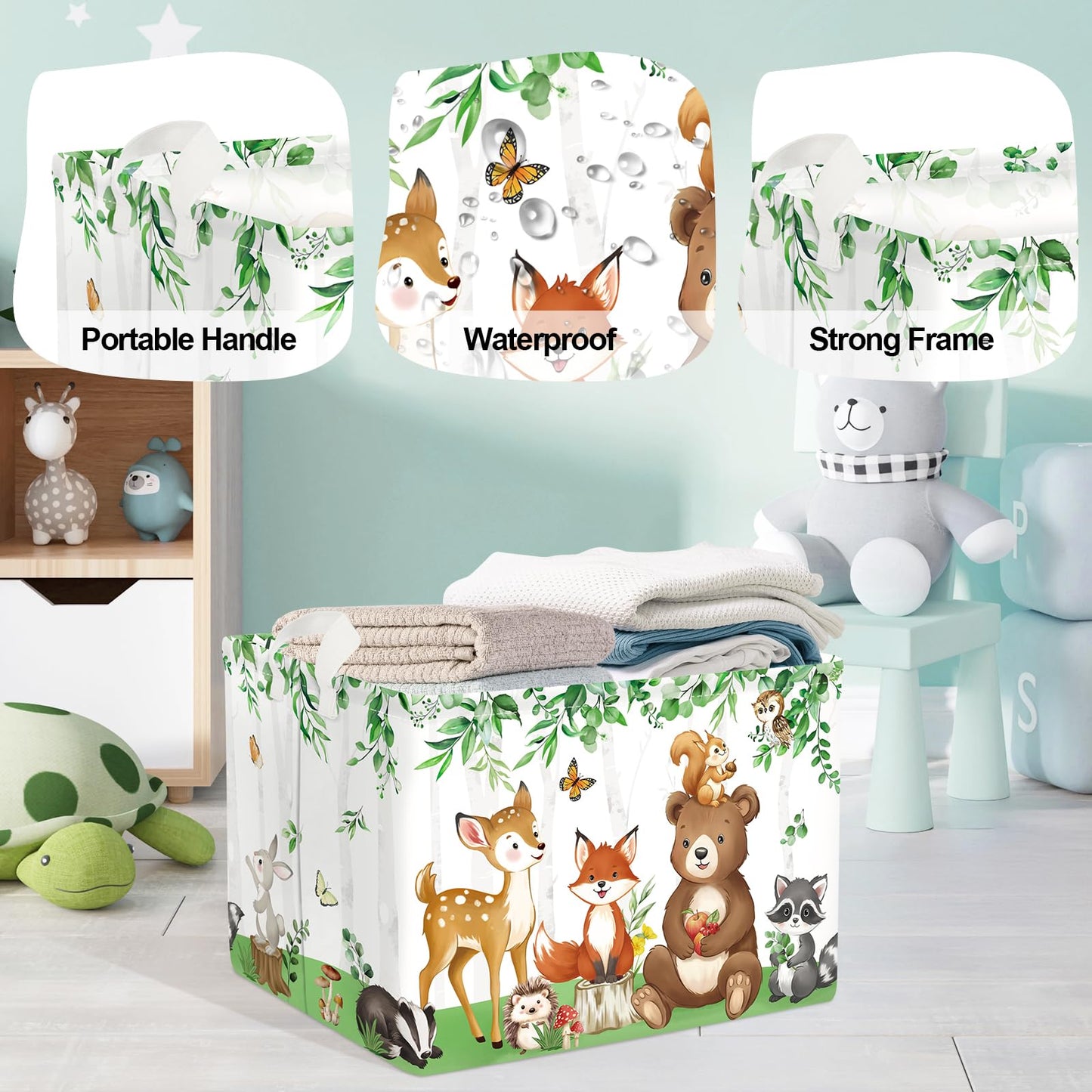 HUUMONSS Jungle Animals Laundry Hamper Large Storage Basket Cartoon Wild Zoo Collapsible Parents Organizer Kids Toy Clothes Bins for Bedroom, Bathroom, Bear, 36L