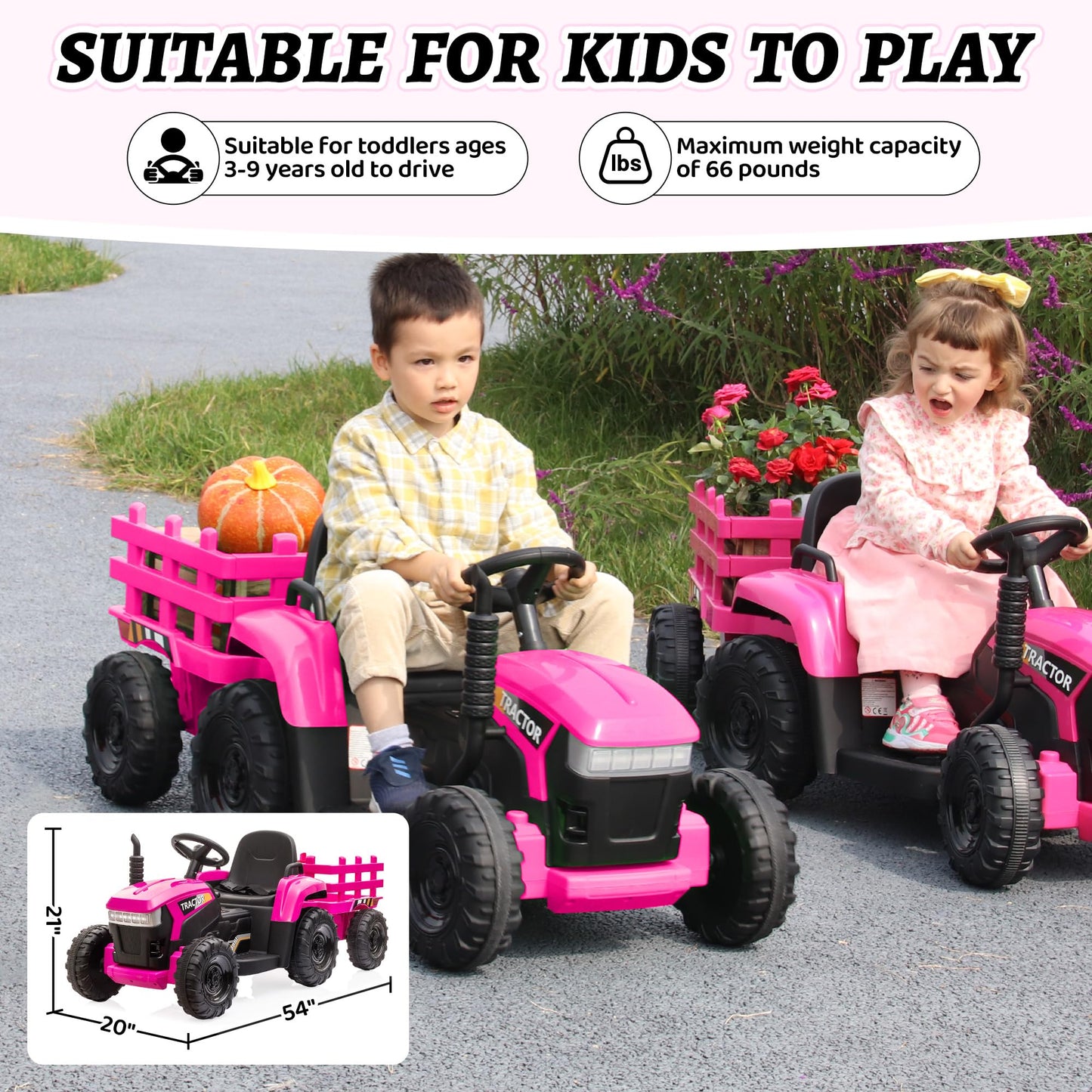 TOBBI Kids Electric Ride On Toy Tractor, Toddlers 12V Battery-Powered Car to Drive, 35W Dual Motor 6-Wheels Trailer Vehicle with 3-Speeds/LED & Horn Functions for Chirdren Aged 3-6-Pink