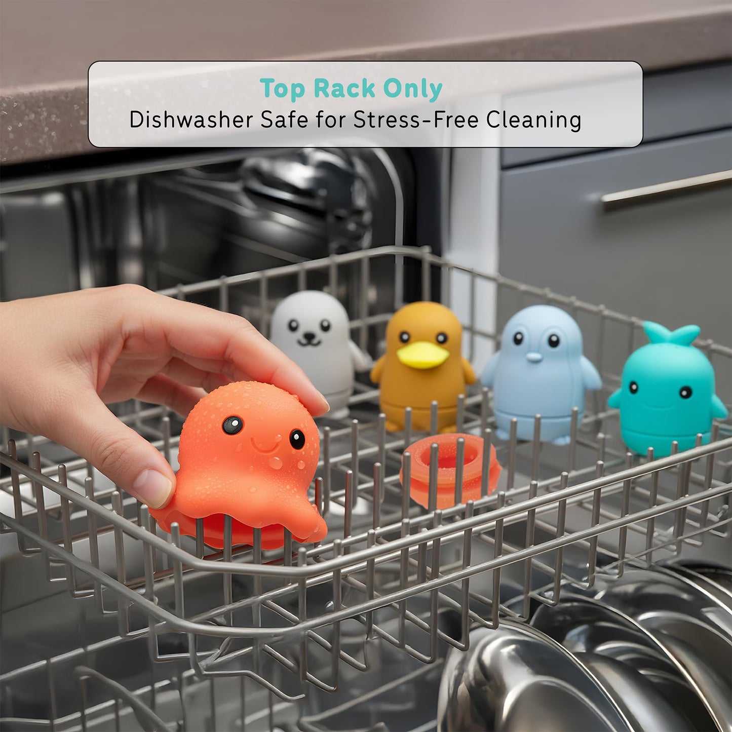 Ocean Friends Baby Bath Toys, Silicone Bath Toys for Babies 9 Months+, Toddler Bath Toys 1-3, Easy to Clean, Opens for Cleaning, 6-Piece Set