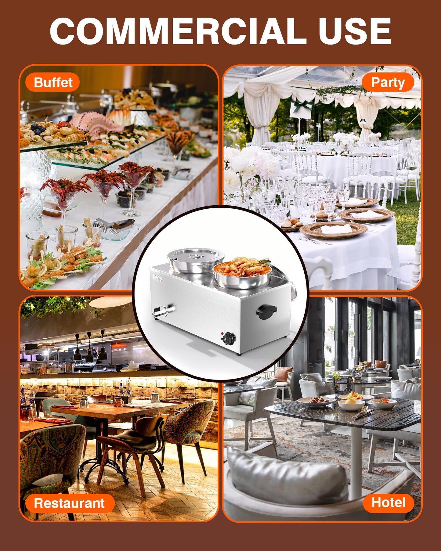 PYY Soup Warmer Commercial - Two 7.4QT Stainless Steel Bain Marie Round Pot 86~185°F Adjustable Temp, 1500W Electric Soup Warmer Countertop with Anti-Dry Burn and Reset Button for Restaurant, Buffet