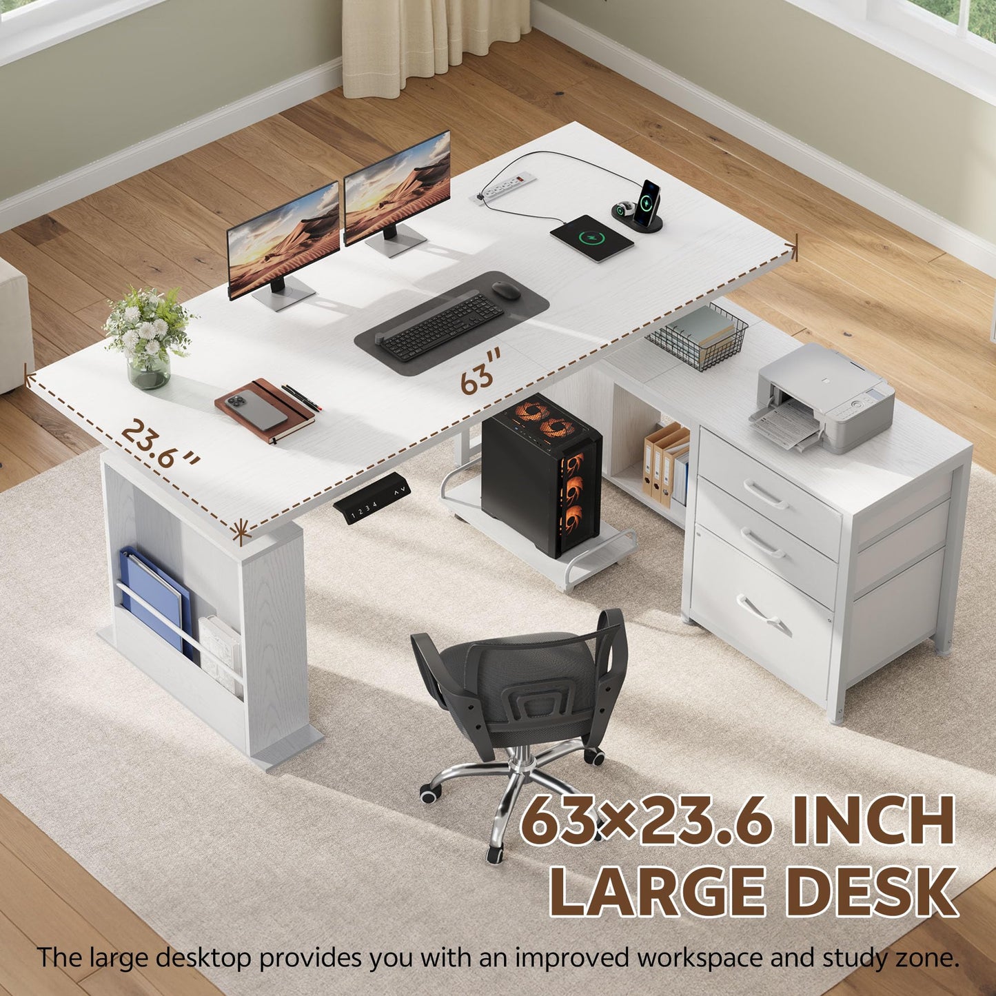 Homiflex 63" L Shaped Standing Desk with 3 Drawers Electric Adjustable Height Desk Corner Standing Desk with Storage Computer Game Desk with Power Outlets Computer Tower Stand for Home Office, White