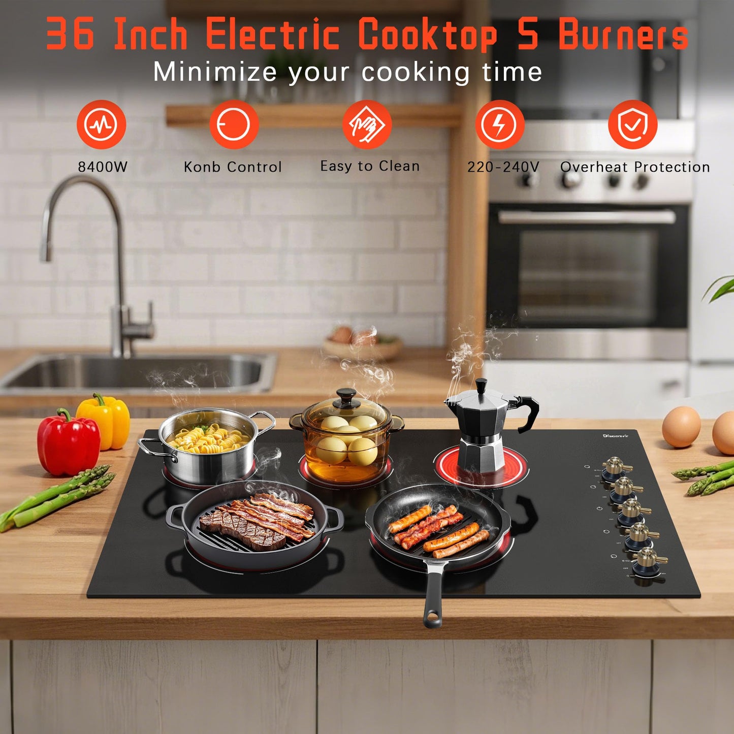 Disaenvir Electric Cooktop 36 Inch - 5 Burner Electric Stove Top with 8400W, 36 Inches Built-in(34.25"x19.3") Ceramic Stove with Dual Rings, Overheat Indicator, Knob Control, 220V - 240V Hard Wired