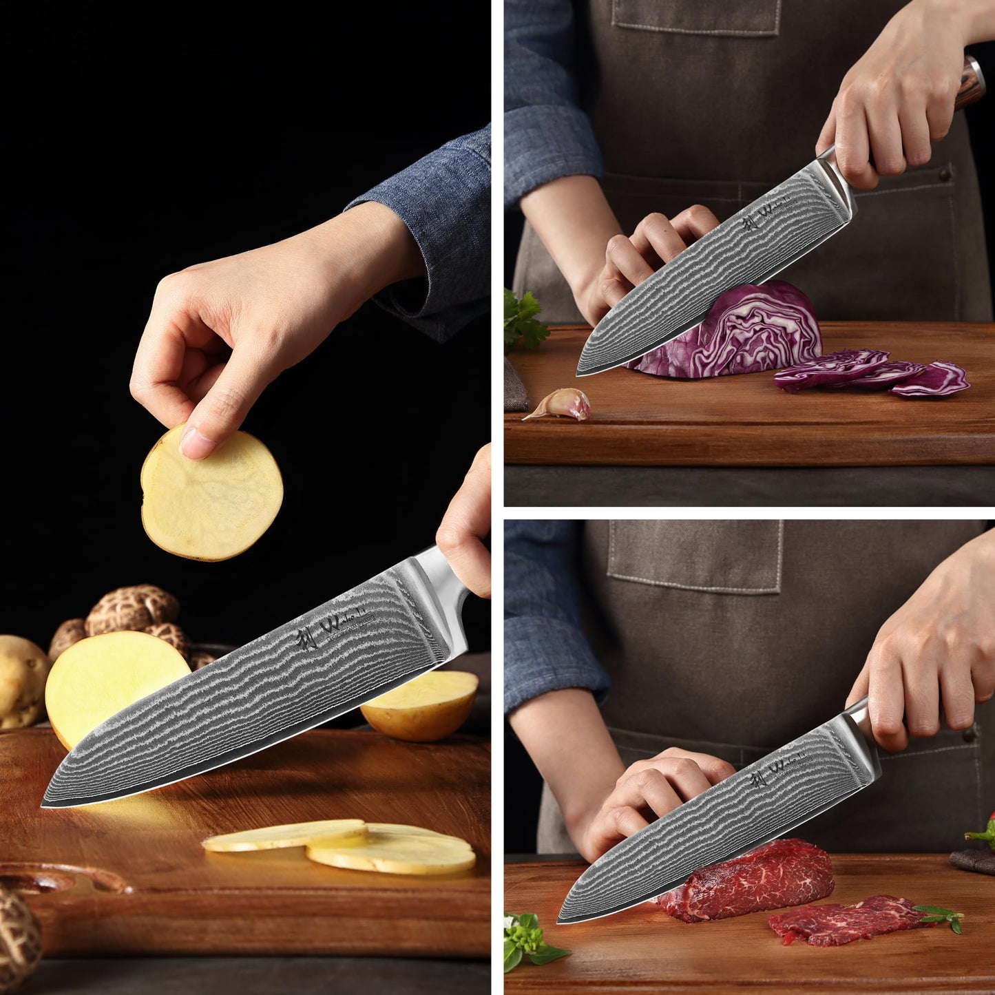 Wakoli EDIB 3-Piece Damascus Kitchen Knife Set in Wooden Gift Box, Razor Sharp Genuine Damascus Steel (VG10 Core), Includes Santoku, Small Santoku and Paring Knife, Ergonomic Pakkawood Handle