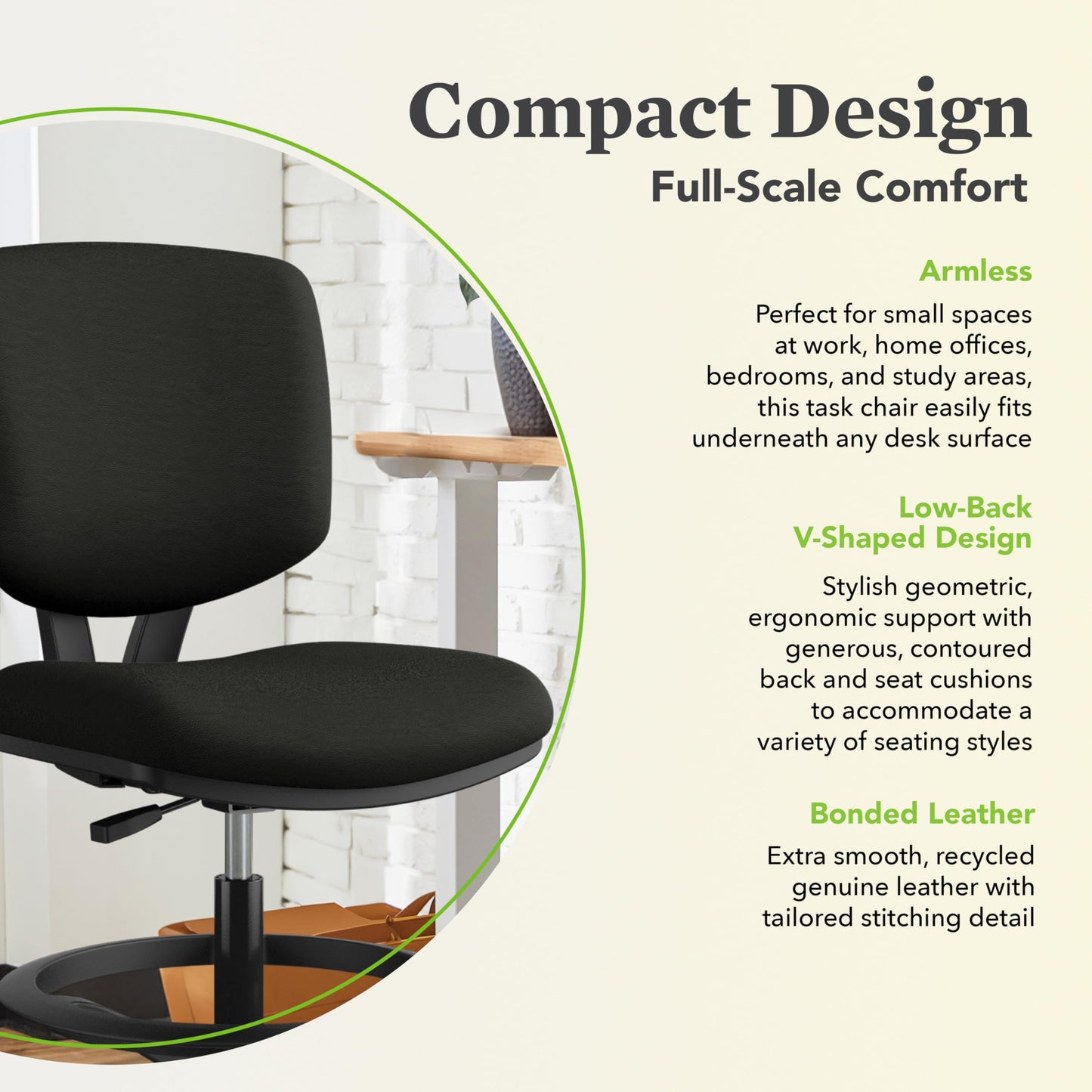 HON Volt Standing Desk Chair, Leather Office Chair with Foot Rest, Armless Drafting Stool, Ergonomic Recline and Center Tilt, for Computers, Offices, Work, Black