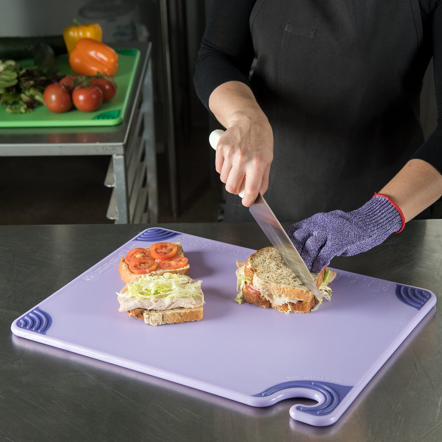 San Jamar Saf-T-Grip Cutting Board for Restaurants, Saf-T-Zone Cutting Board, 15" X 20", Purple (Pack of 6)