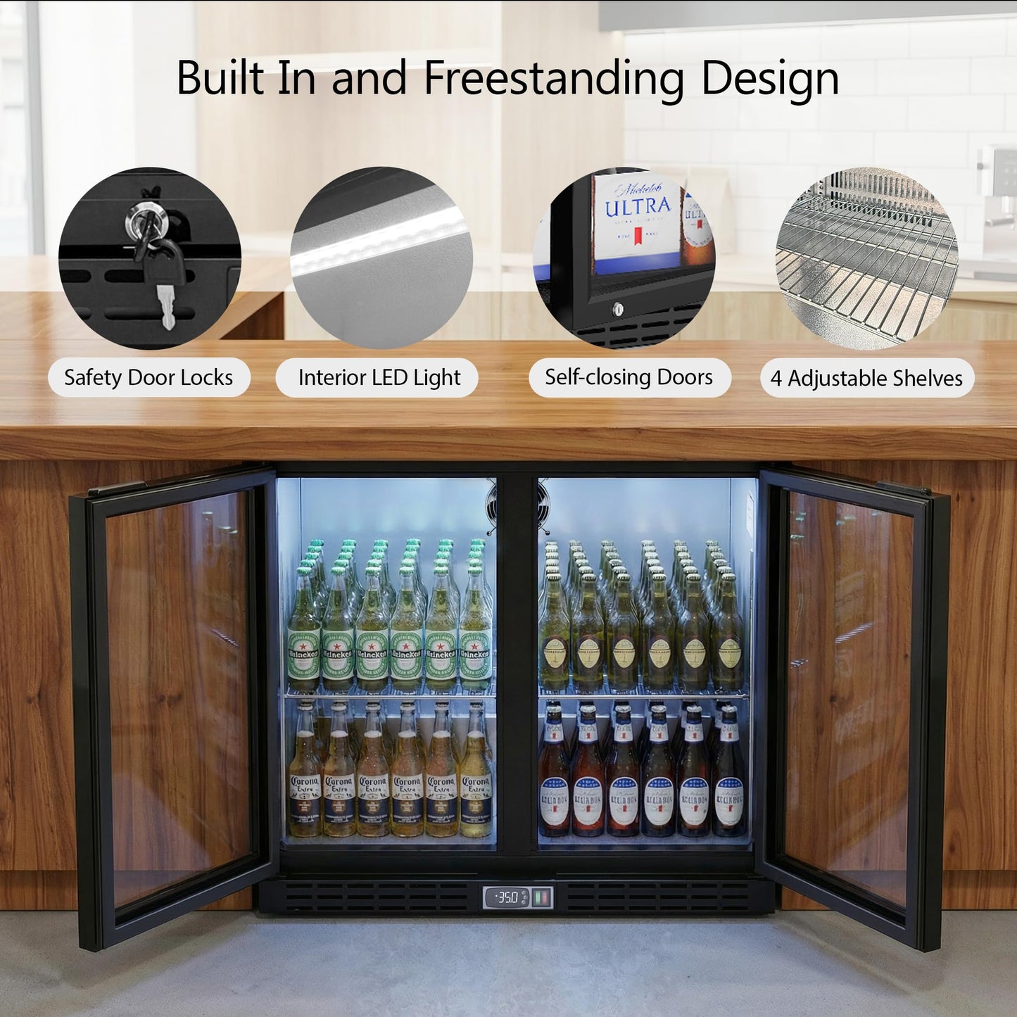Coolake Back Bar Cooler Refrigerator with 2 Glass Doors, 7.4 cu.ft Commercial Under Counter Height Beverage Refrigerator with LED Lighting, Display Drink Fridge for Home Bar, Man Cave, Garage, Office