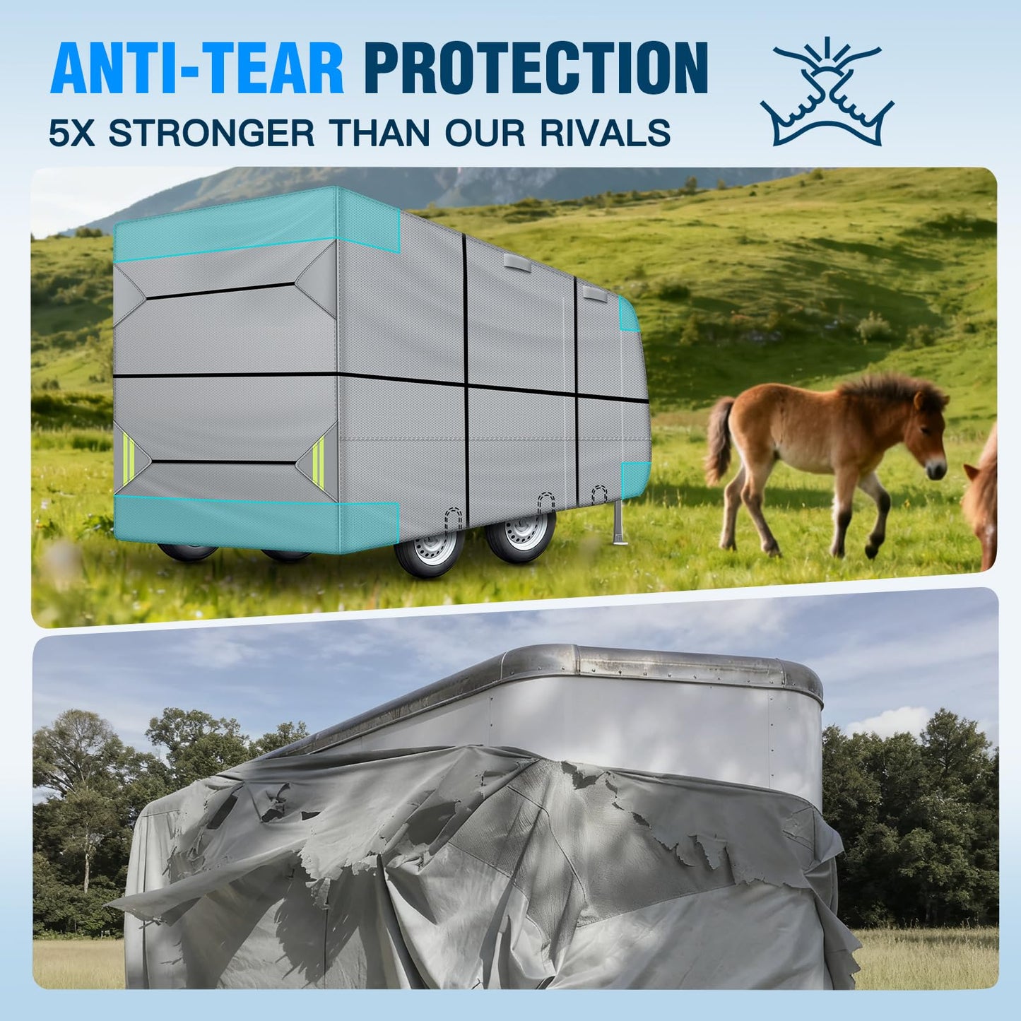 Horse Trailer Cover, Pull Horse Trailer Cover, 7-Layer Heavy Duty Horse RV Cover, Anti-UV, Waterproof and Windproof Horse Puller Trailer Cover for 14'1" - 16' Length Trailer Gray