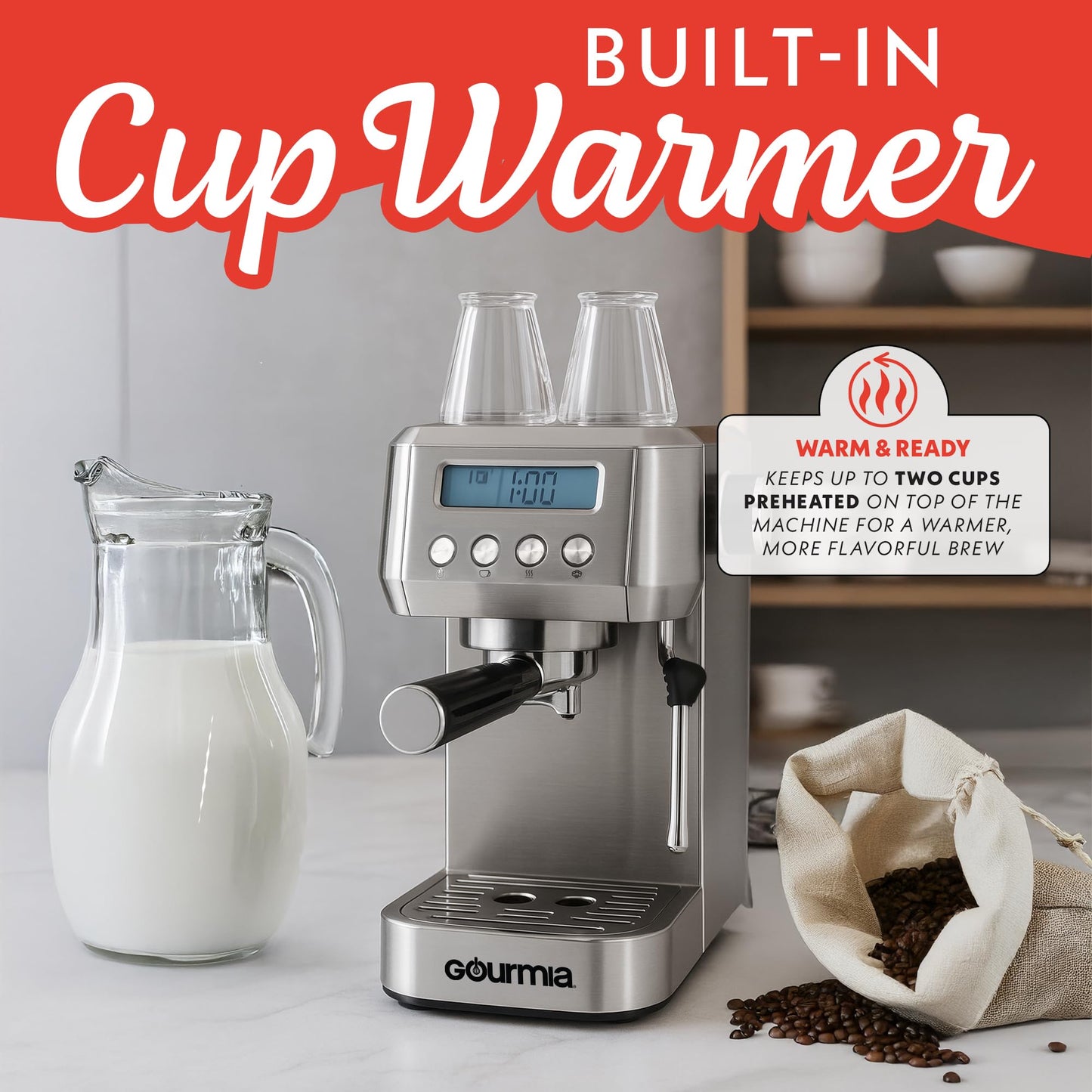 Gourmia Slim Espresso Machine with LCD Screen - Milk Frother, Adjustable Temperature, Manual & Auto Brew, Single/Double Shot, Hot Water Dispenser, Descaling Mode, Compact