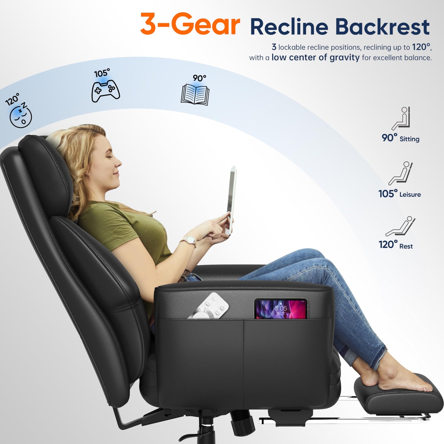 GABRYLLY Ergonomic Chair with Footrest – Wide Cross Legged Chair with Reversible Armrests, 120°Tilt, Lumbar Support,Heavy-Duty Base, Big and Tall Executive Chair Plus, Black, GY82766