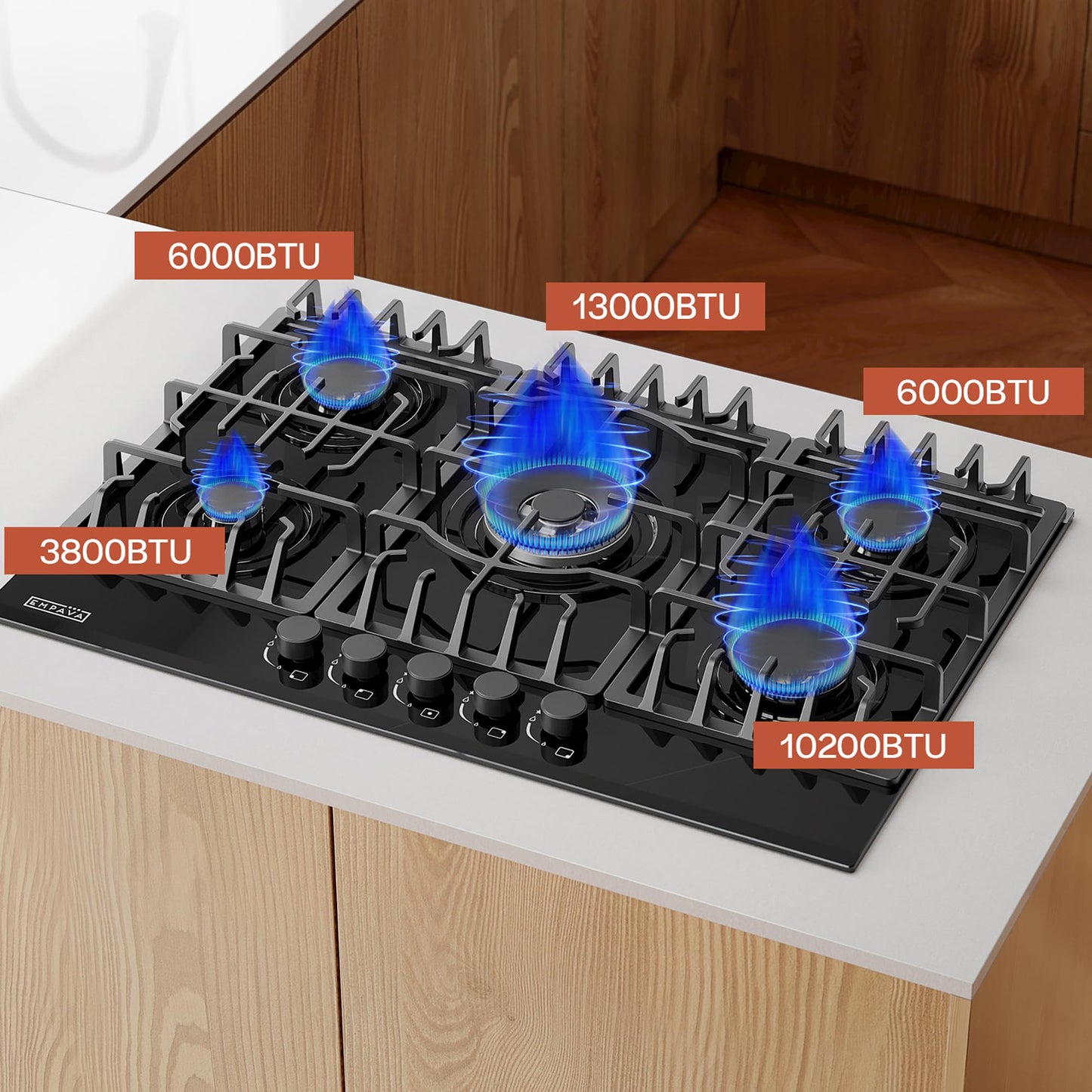 Empava 30 in. Gas Stove Cooktop 5 Italy Sabaf Sealed Burners NG/LPG Convertible in Black Tempered Glass EMPV-30GC26, 36 inches
