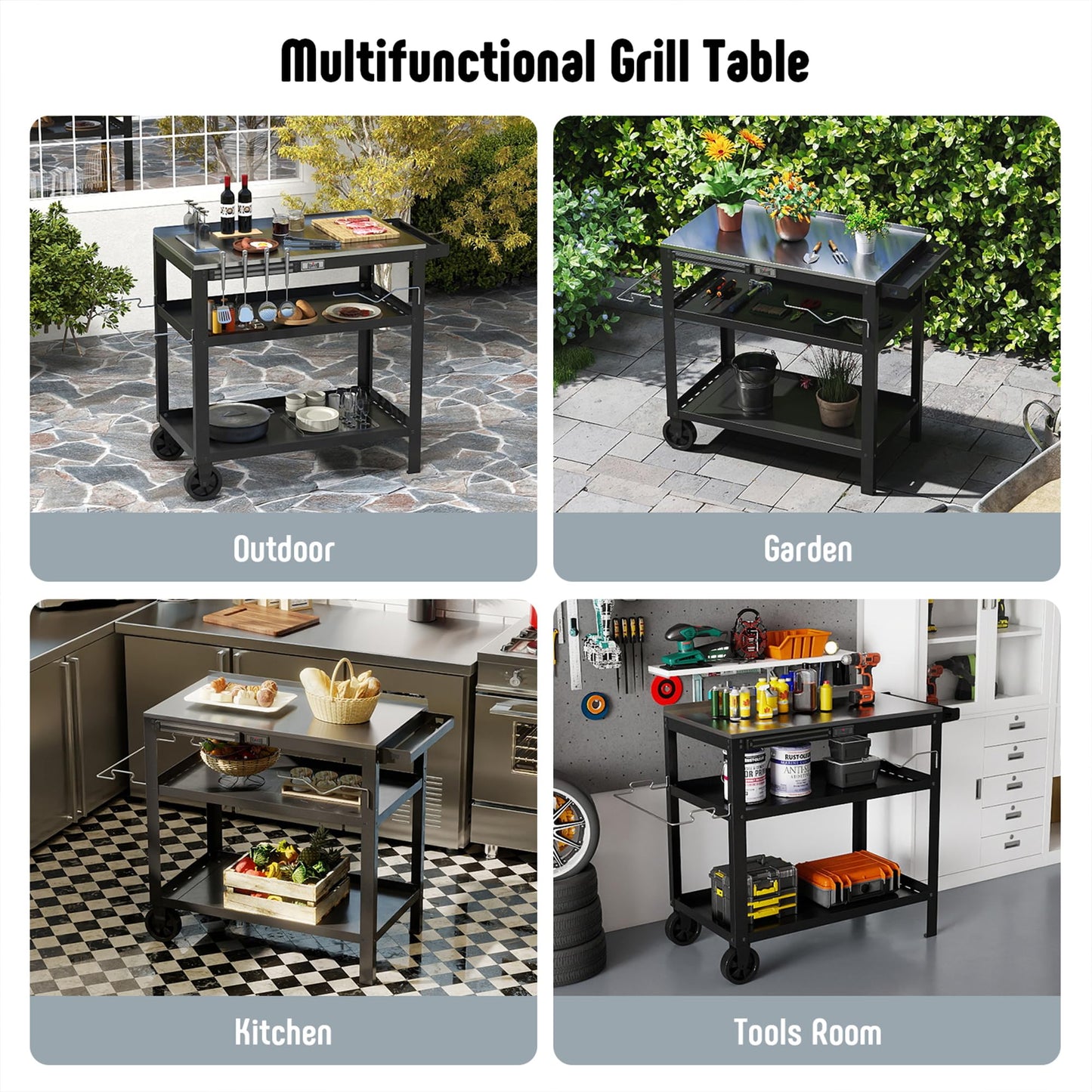 Feasto 31.5"x18" Outdoor Stainless Steel Grill Table, Movable Grill Prep Table Table with Seasoning Rack & Magnetic Tools Holder, Backyard BBQ Kitchen Food Prep Table for Portable Griddle & Pizza Oven