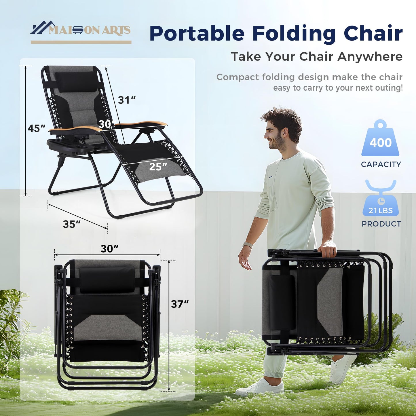 MAISON ARTS Oversized XXL Padded Zero Gravity Chair, 30" Wide Seat Foldable Patio Recliner, Anti Gravity Outdoor Lawn Chair with Cup Holder & Pillow, Supports 400lbs, Black & Grey