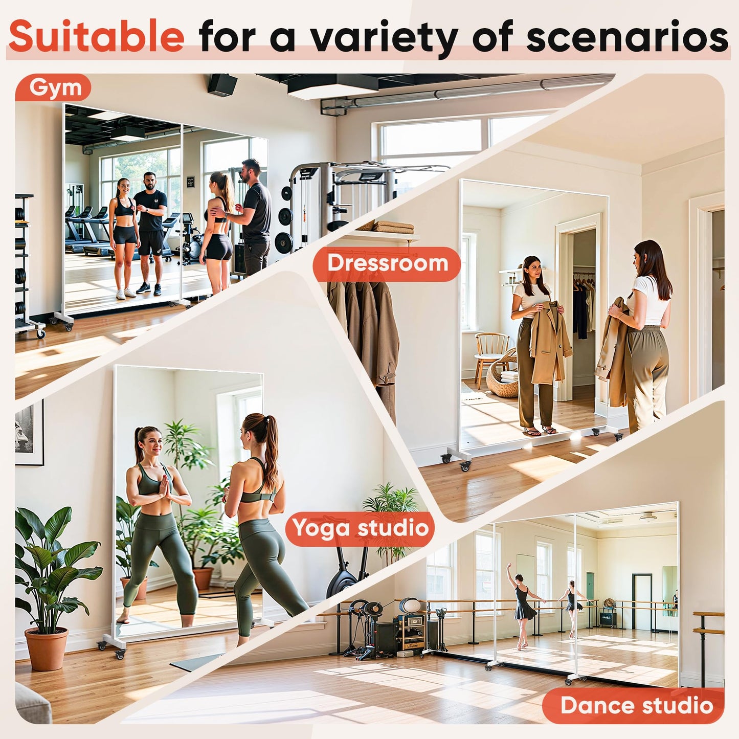 Suidia 72"x40" Full Length Mirror with Wheels, Shatterproof Full Body Mirrors, Mobile Floor Standing Mirror for Home Gym, Yoga, Dance Studio, Living Room, Rectangular, White