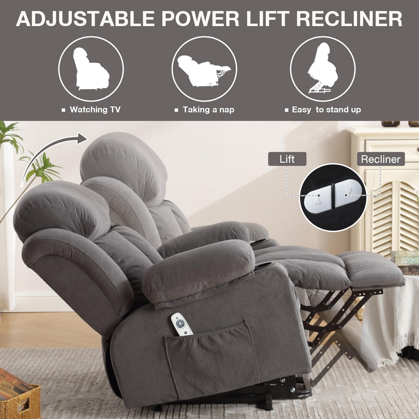 BOSMILLER Power Lift Recliner Chair for Elderly with Vibration Massage and Lumbar Heating Electric Oversized Single Sofa with Cup Holder and USB Charge Port for Living Room