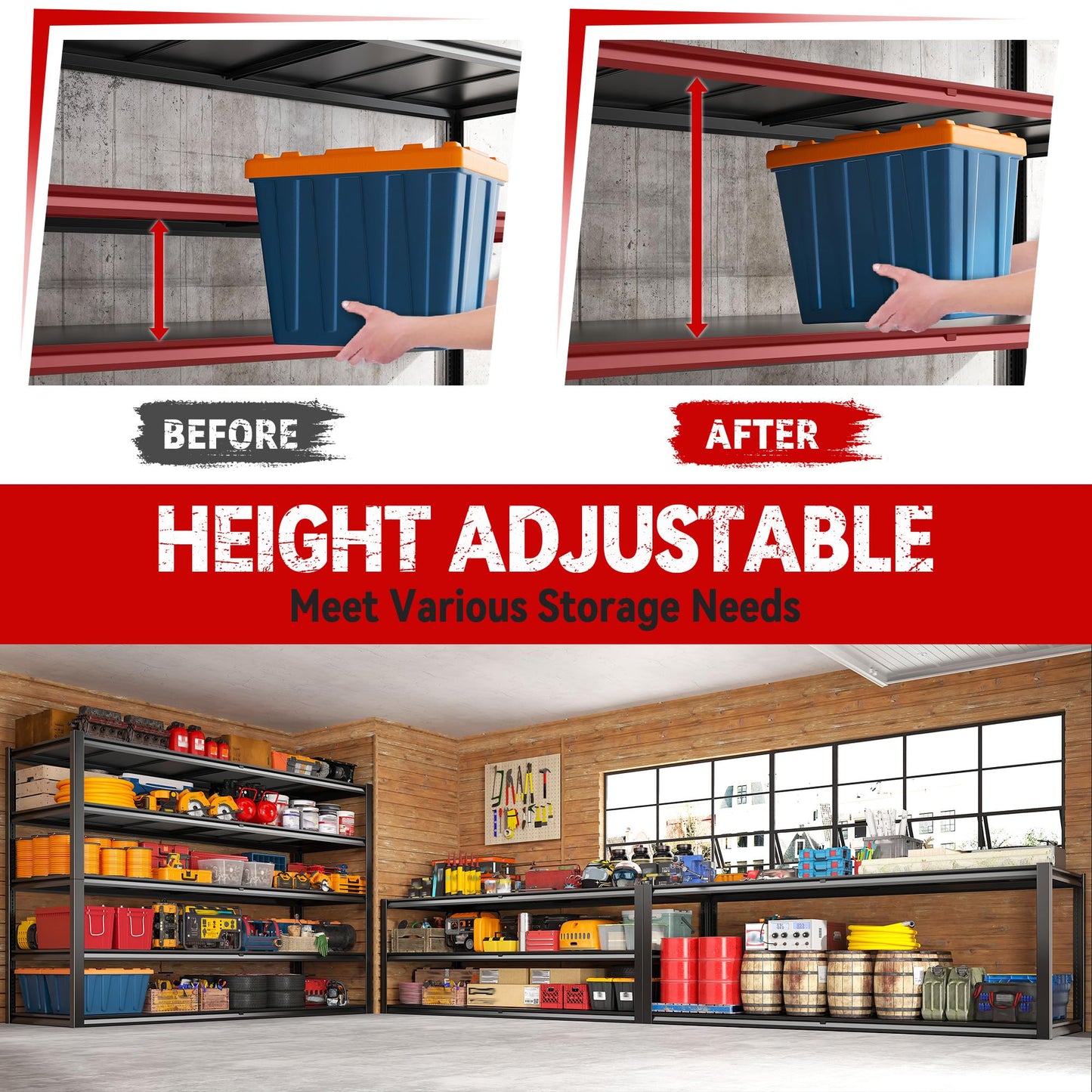 REIBII Garage Shelving 78" H, Garage Storage Shelves Heavy Duty Shelving Unit Load 3000LBS, 5 Tier Adjustable Metal Shelves for Warehouse, Basement, Pantry, Factory, 55" W x 26" D x 78" H