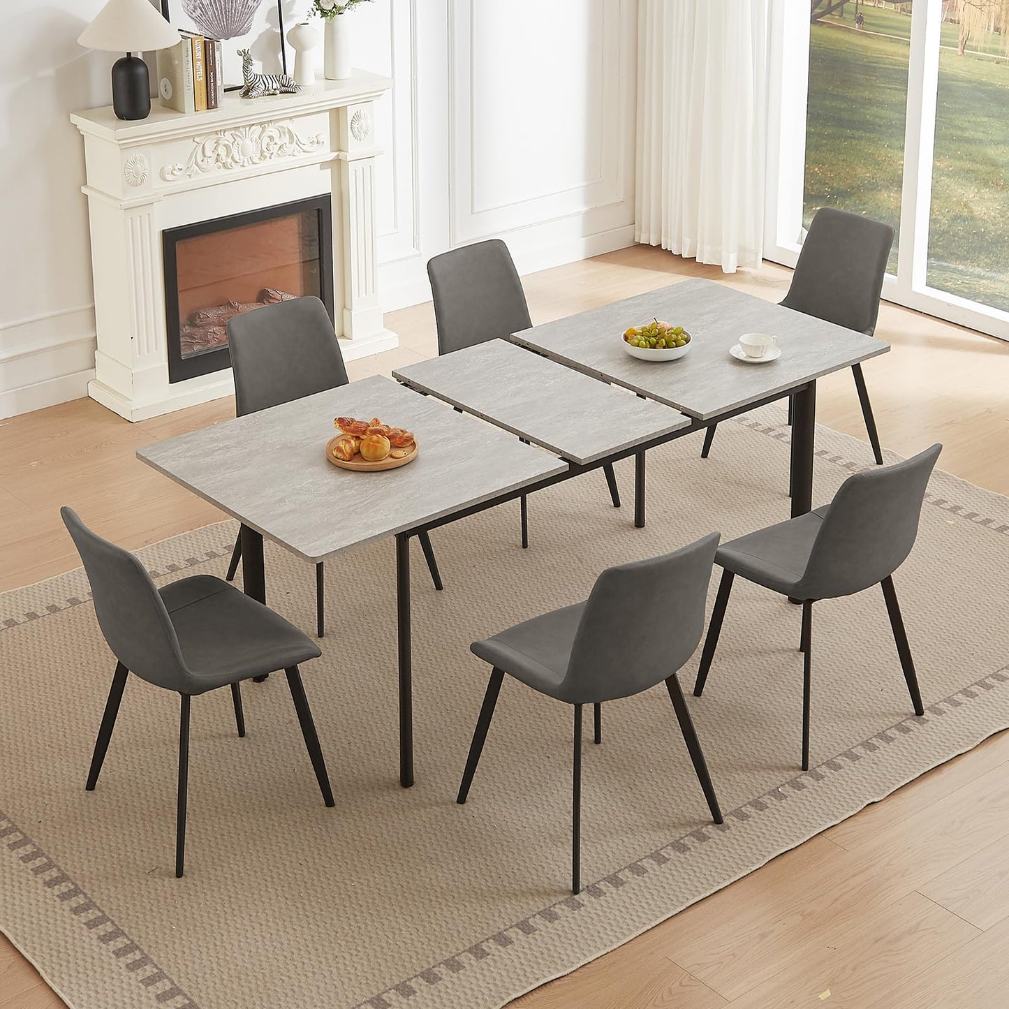 HIPIHOM 63"- 78.7" Extendable Dining Table Set for 6, Modern Kitchen Table with 6 Dining Chairs for 4-6 Person, Thickened Expandable Wooden Table with Metal Legs for Dining Room, Kitchen
