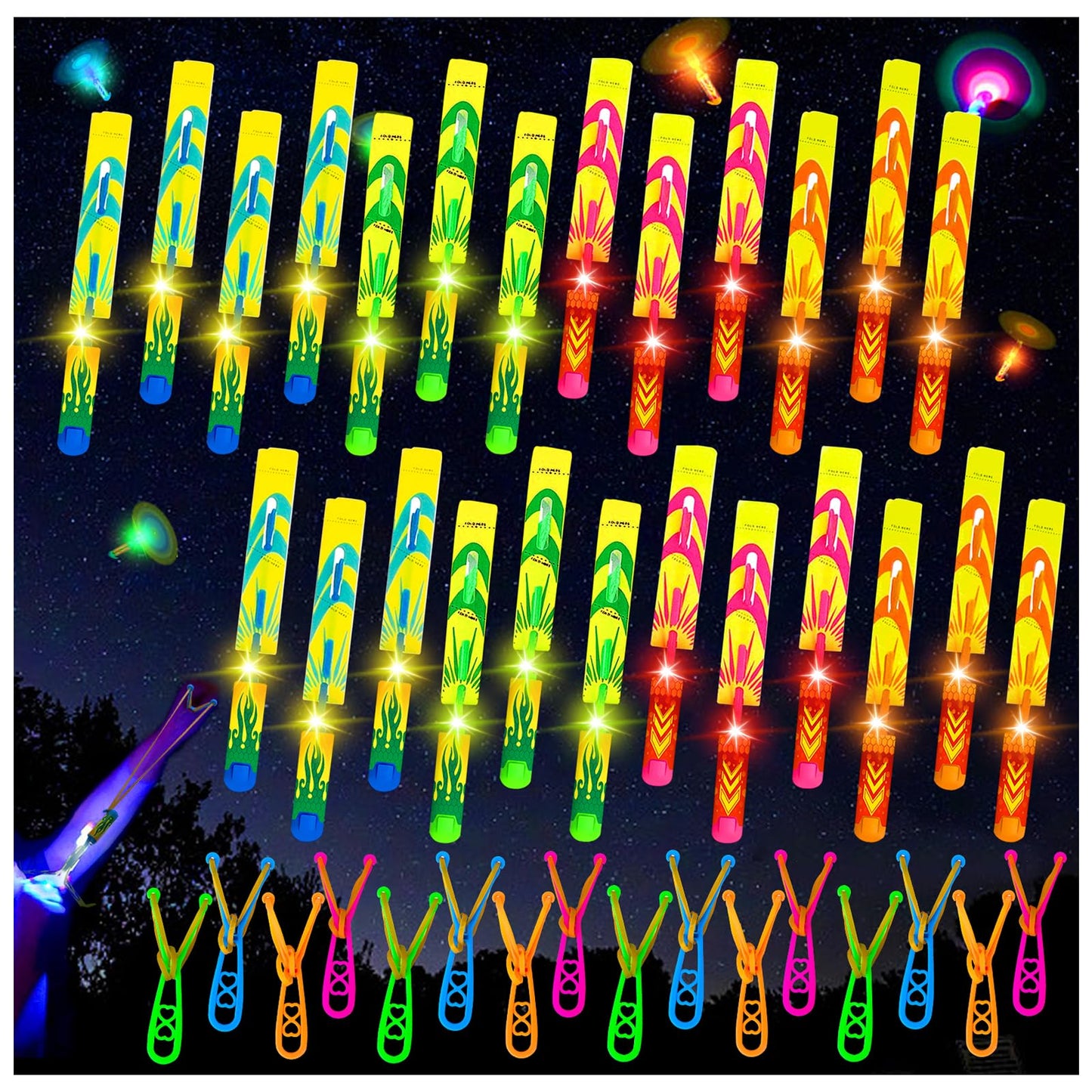 Ynybusi 50 Pcs Slingshot Flying Toys with Led Lights,25 Pcs LED Arrow Helicopters + 25 Pcs Launchers,Summer Outdoor Game Glow in The Dark Party Supplies Party Favors for Kids 4-8,8-12 Bulk Toys