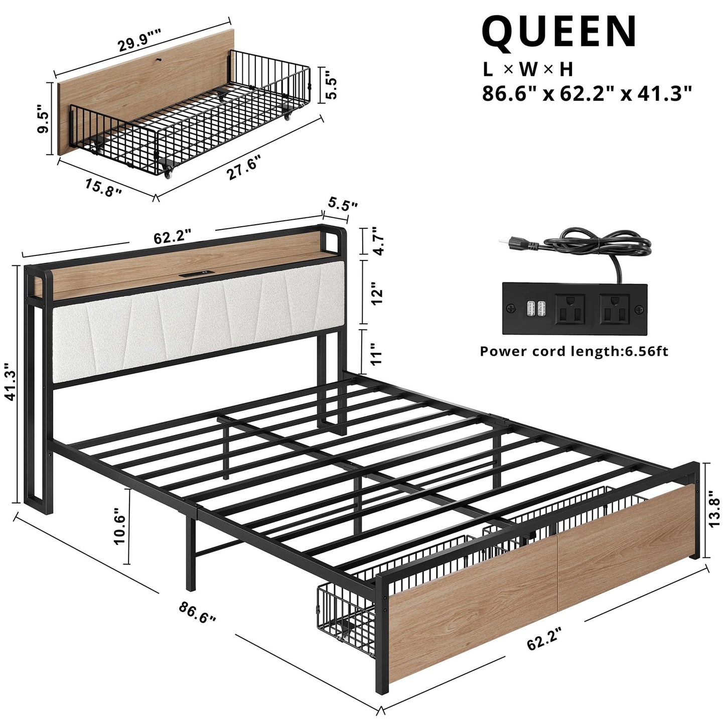 LIKIMIO Queen Size Bed Frame, Storage Headboard with Charging Station, Platform Bed with Drawers, No Box Spring Needed, Easy Assembly, Wood and Cream