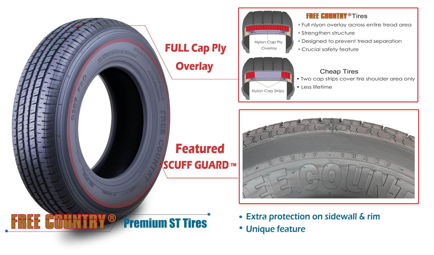 Free Country GRAND RIDE Set 2 PremiumTrailer Tires ST235/85R16 Radial 12PR Load Range F w/Scuff Guard