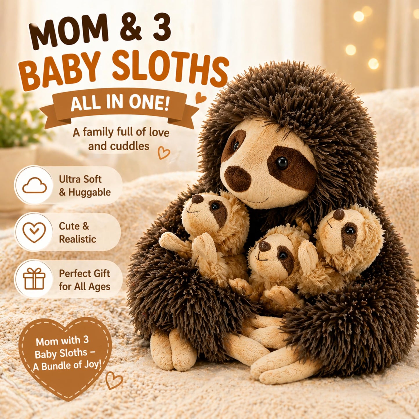 YOHAKI Sloth Plush Animal, 11.02" Cute Stuffed Sloth with 3 Baby Sloths, Easter Stuffed Sloth Animal, Washable Plush Toys, Cute Three Toed Sloth Birthday Gifts for Kids Boys and Girls, Brown