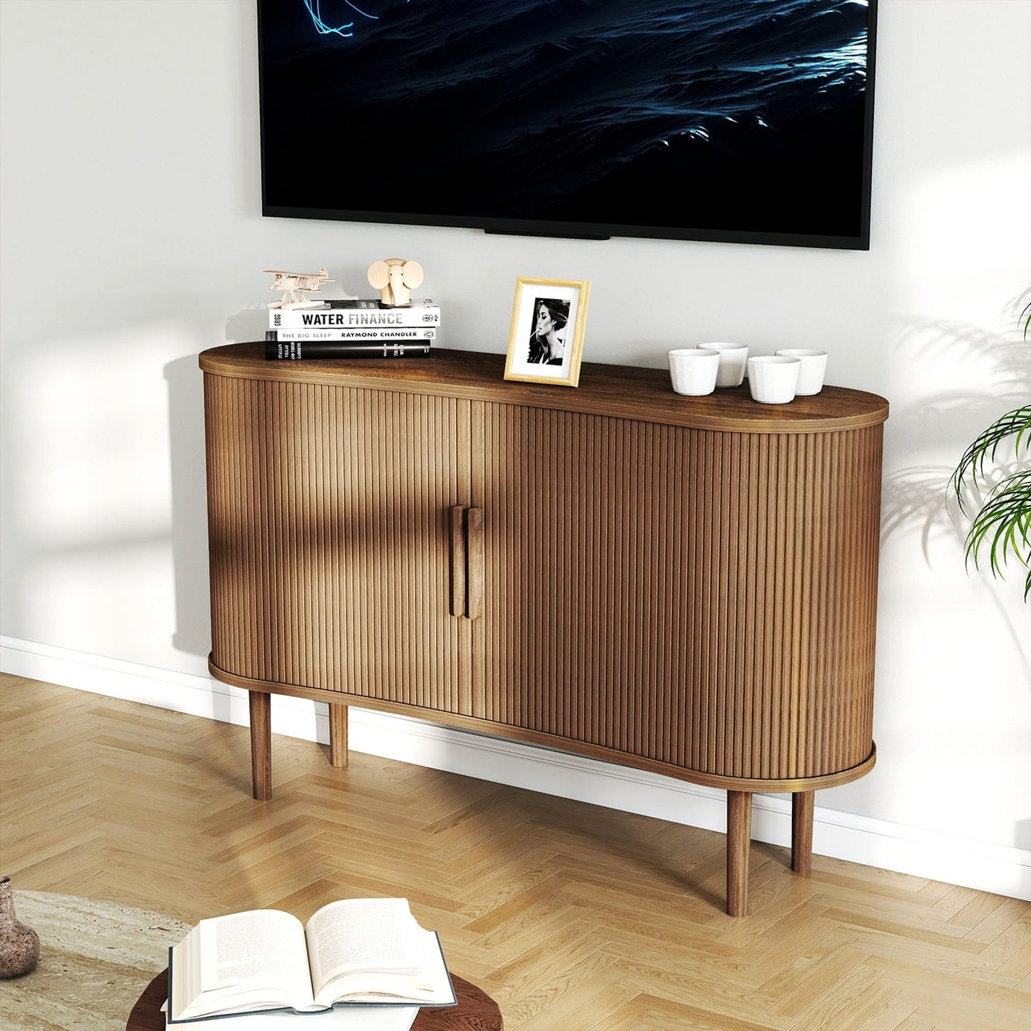 AraSyleon Mid-Century Modern Sideboard Buffet Cabinet, 55" Storage Cabinet with 4 cabinets, Decorative Fluted Sliding Doors for Bedroom Dining Room Small Space, Walnut Finish, Walnut