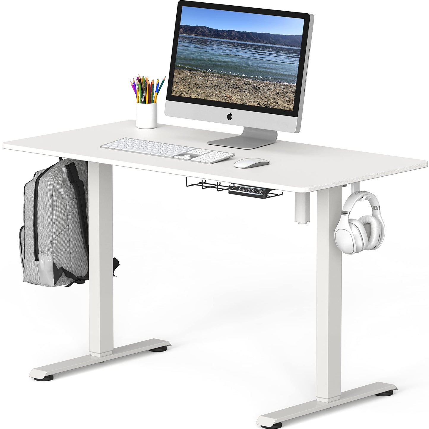 SHW 48-Inch Electric Height Adjustable Sit to Stand Desk with Hanging Hooks and Cable Management, White Frame and White Top