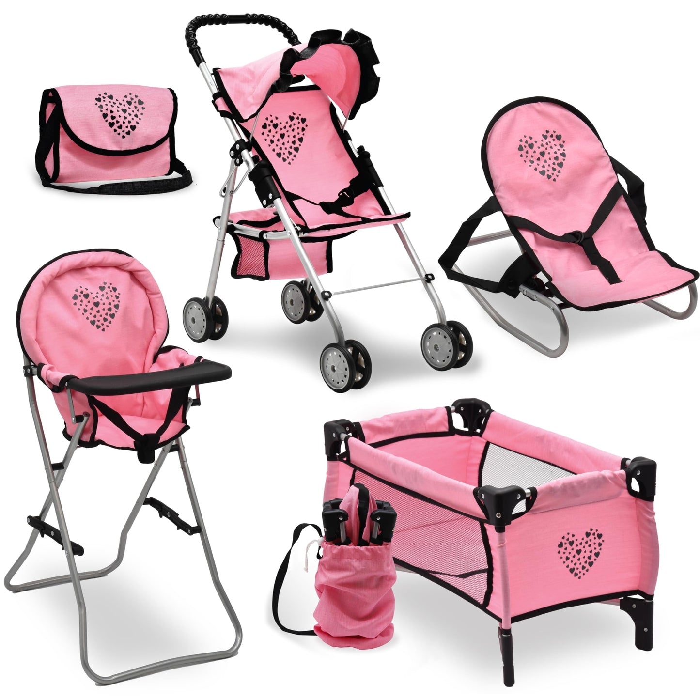 Dolls To Play Baby Doll Stroller Bed and Seat Nursery Playset, Accessories Set High Chair Diaper Bag Role Play Deluxe Set Heart Design