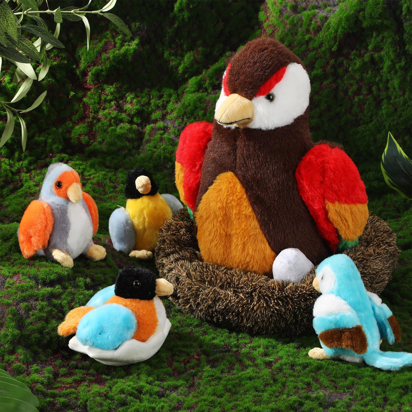 RoundFunny 7 Pcs Birds Stuffed Animals with Babies Egg and Nest 9.8 Inch Mommy Bird Forest Plush Toys Set Gifts for Kids Girls Boys Woodland Baby Shower Party Favors Birthday Classroom Prizes