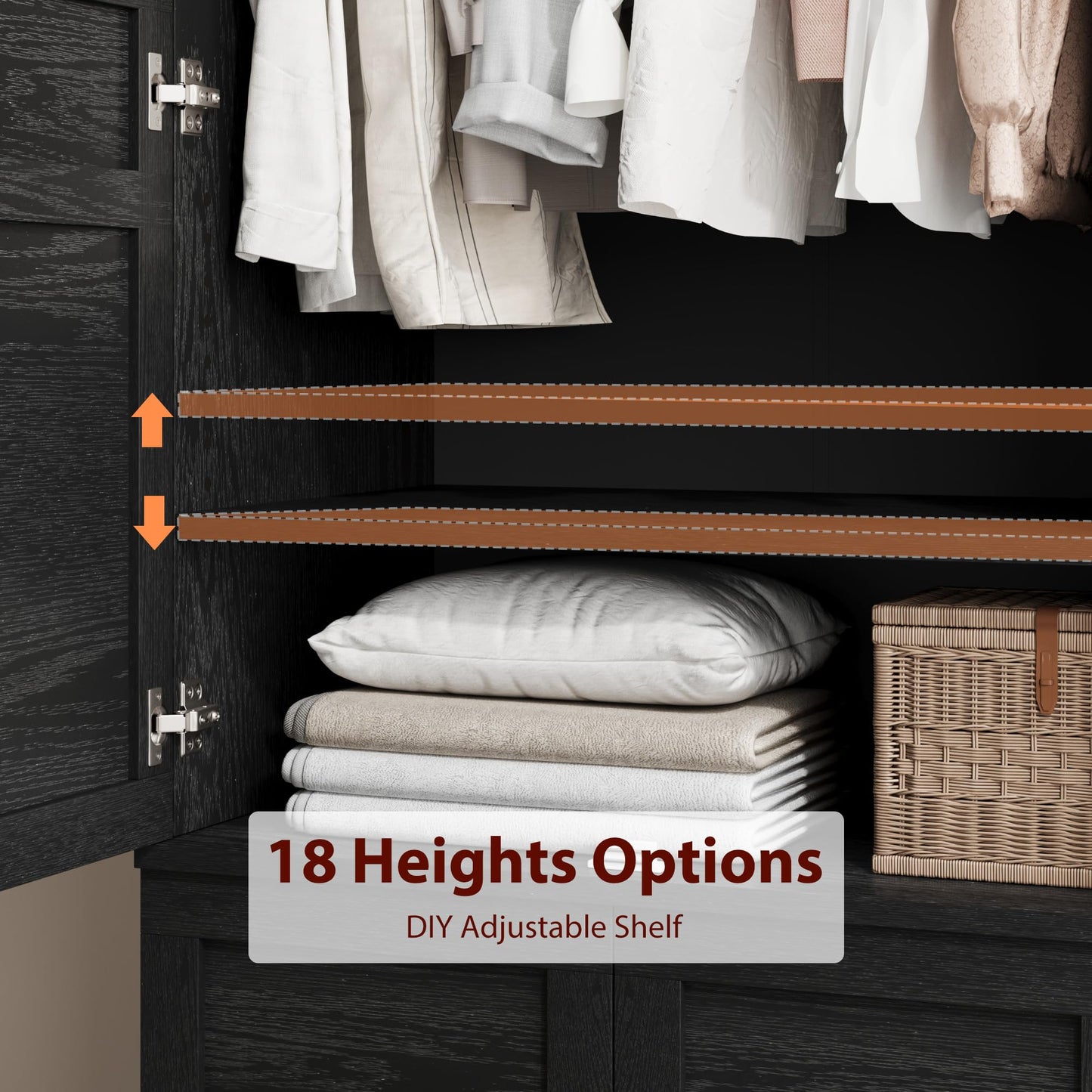 GarveeHome Armoire Wardrobe Closet with 4 Doors, 72 in Wooden Wardrobe Cabinet with Hanging Rod, Freestanding Tall Clothing Armoire Storage Cabinet with Adjustable Shelves for Bedroom, Black