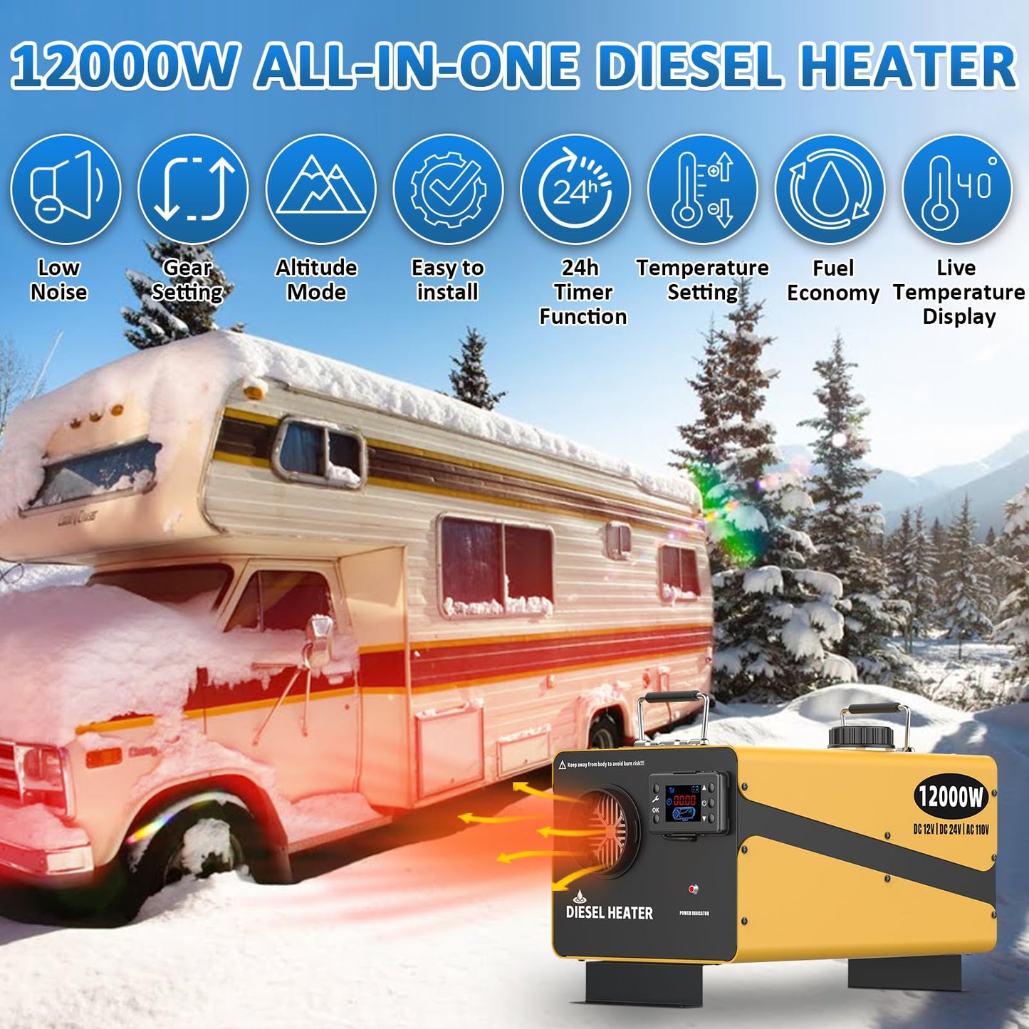 12000W Diesel Heater, 110V/24V/12V Ultra Parking Heater with Remote Control and LCD Display, 2025 Upgraded All-in-One Instant Heat Low Noise for RV Truck Boat Bus Home Shop(NO Ticking)
