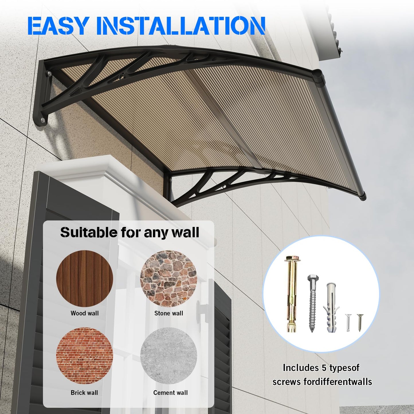 Awning for Door Entrance,40X120 Inches Awnings for Doors,Window Awning Canopy Exterior with Plastic Steel Bracket,Polycarbonate Cover,UV,Rain,Snow Protection for Porch,Patio,Deck