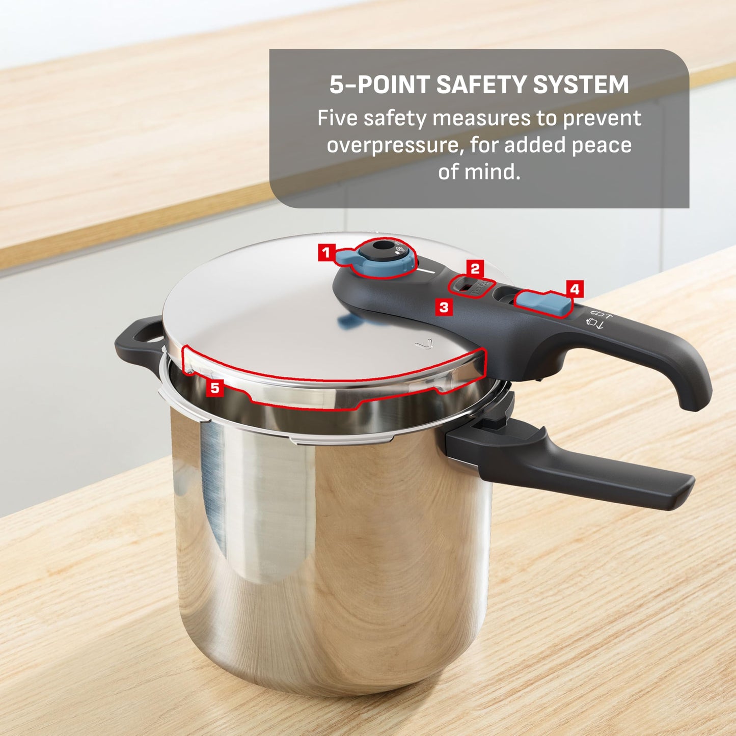 T-Fal Secure Trendy Stainless Steel Pressure Cooker, 8.5 Quart, Steam Basket, Induction, Secure Locking System, Easy and Safe Opening, Compatible with All Cooktops, Dishwasher Safe, Silver
