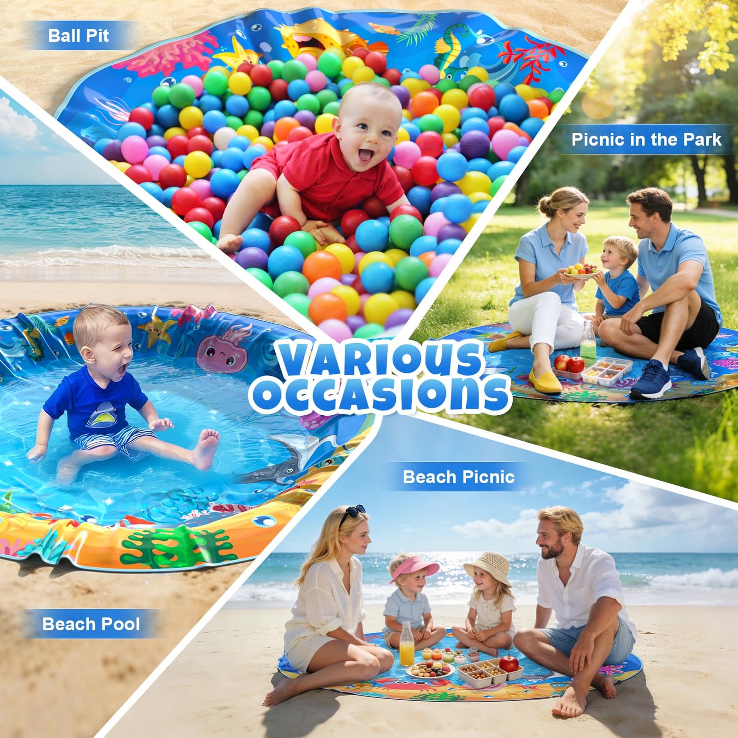 4.9 X 4.9 Feet Baby Beach Pool, Waterproof Beach Pool Blanket for Toddler, 2 in 1 Toddler Paddling Pool with Carrying Bag, Collapsible Beach Puddle Mat for Boys Girls Kids Infant Outdoor Beach Toys
