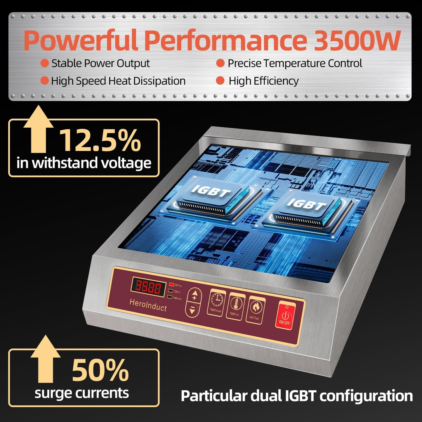 HeroInduct Portable Induction Cooktop 208-240V 3500W Commercial Range Countertop Burner Dual IGBT Modules 8 Heating Level Timer Sensor Push-Button Premium Stainless Steel Housing Ceramic Glass（Red）