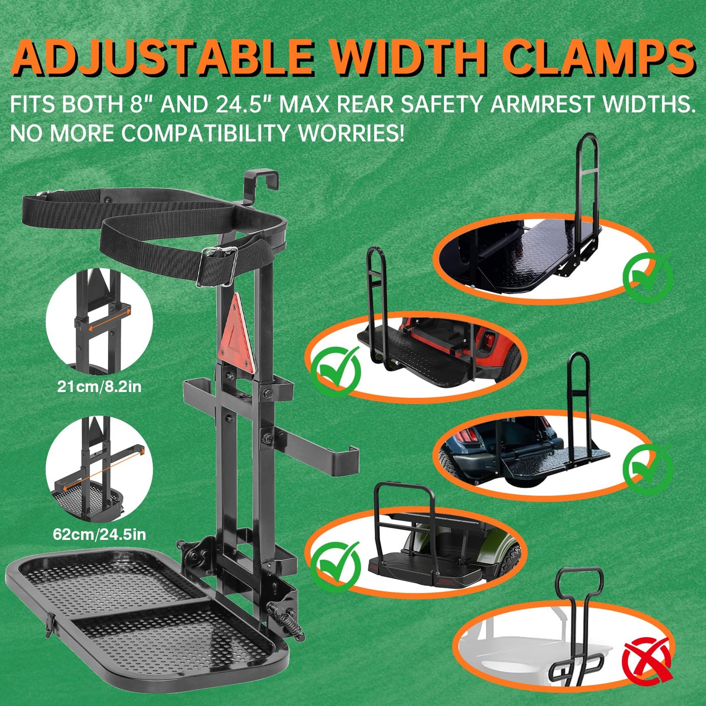 Foldable Golf Cart Rear Seat Bag Holder Fits 4 Seater Golf Cart Bag Holder Compatible with EZGO/Club Car/Yamaha Works for Rear Armrests Up to 8" & 24.5" Wide Equipped with Stainless Steel Buckles