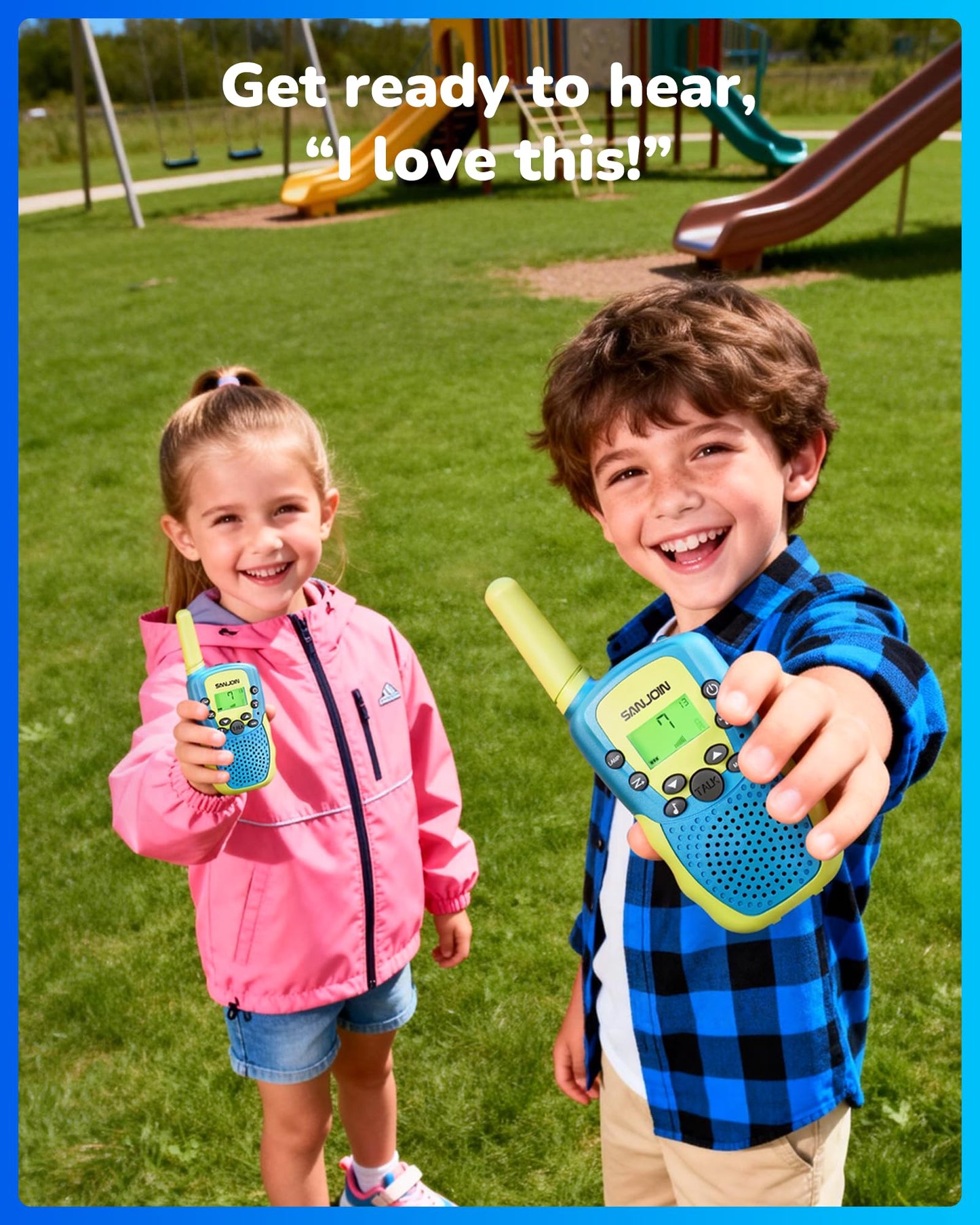 SANJOIN Rechargeable Walkie Talkies for Kids,Outdoor Toys for 3-12 Years Old Boys Girls for Outside, Hiking,Camping Games Walkie Talkie 2000 mAH Battery for 3-6 7-9 10-12 Years,2 Pack
