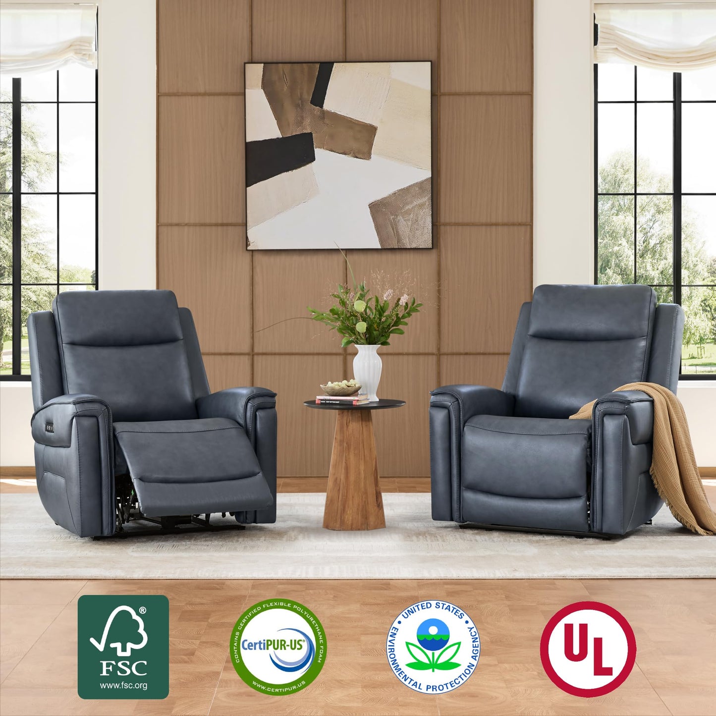 Watson & Whitely Super Zero Gravity Power Recliner Chair with Power Headrest, Genuine Leather Recliner with USB & Type-C Ports, Electric Reclining Sofa Chair for Living Room, Bedroom, Navy Blue