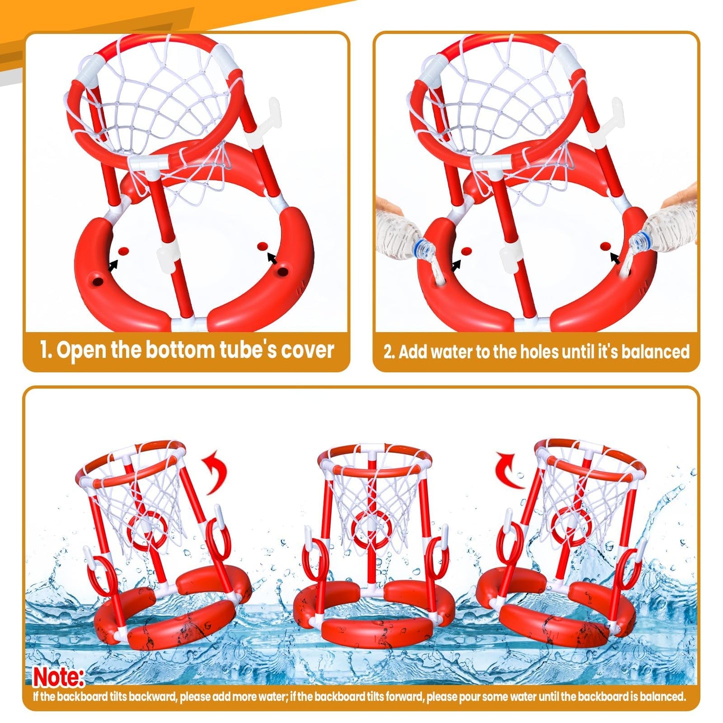 SpringFlower Pool Basketball Hoop,Floating Pool Toys Ring Game with Ring Toss, Balls and Pump, 2-in-1 Summer Outdoor Swimming Pool Basketball Games Play Toy Family Party for Kids Adults, Red