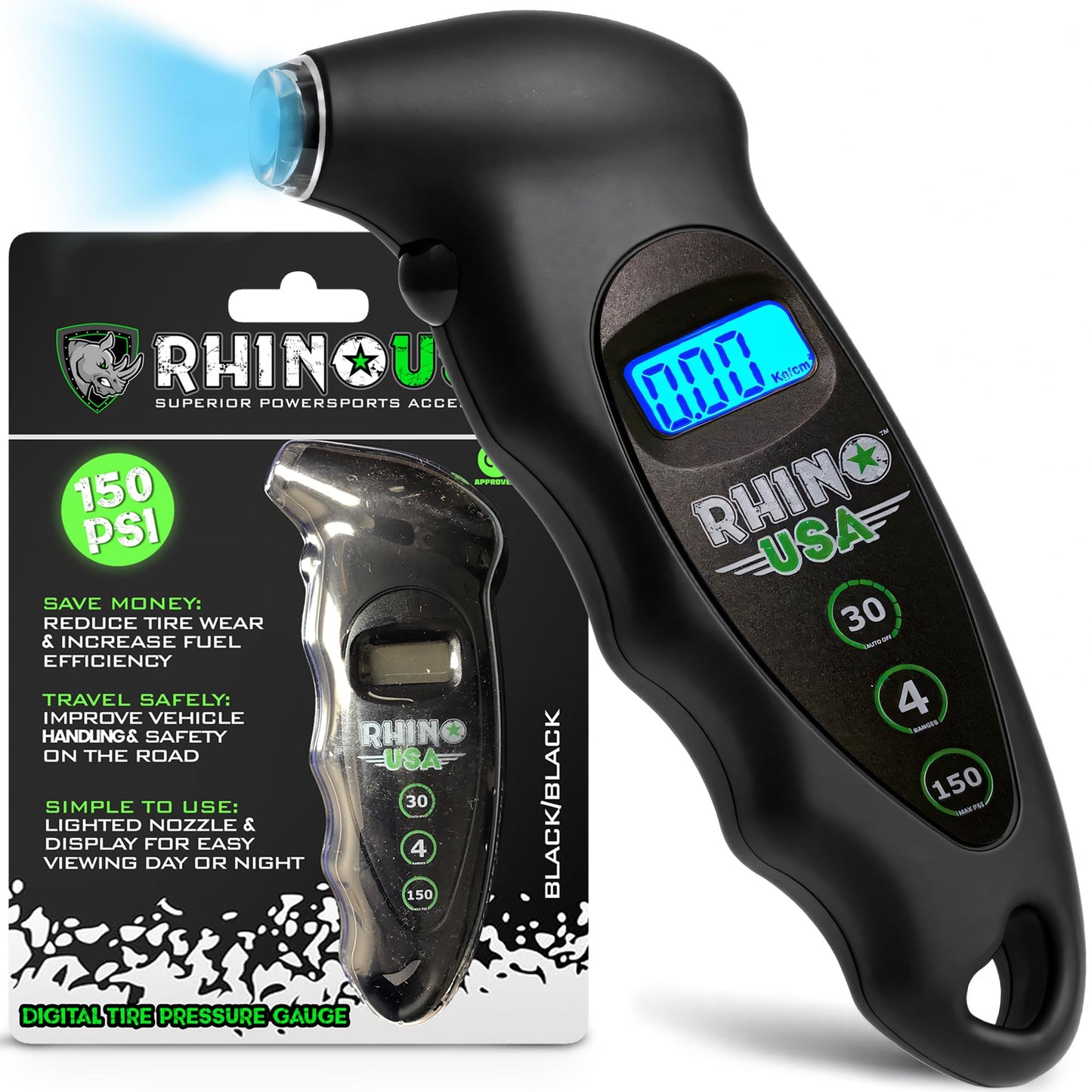 Rhino USA Digital Tire Pressure Gauge 150 PSI, 4 Ranges, Ergonomic Design w/Lighted Nozzle & LCD Backlit Display - Certified Accurate Readings, Best Digital Gage (Black)