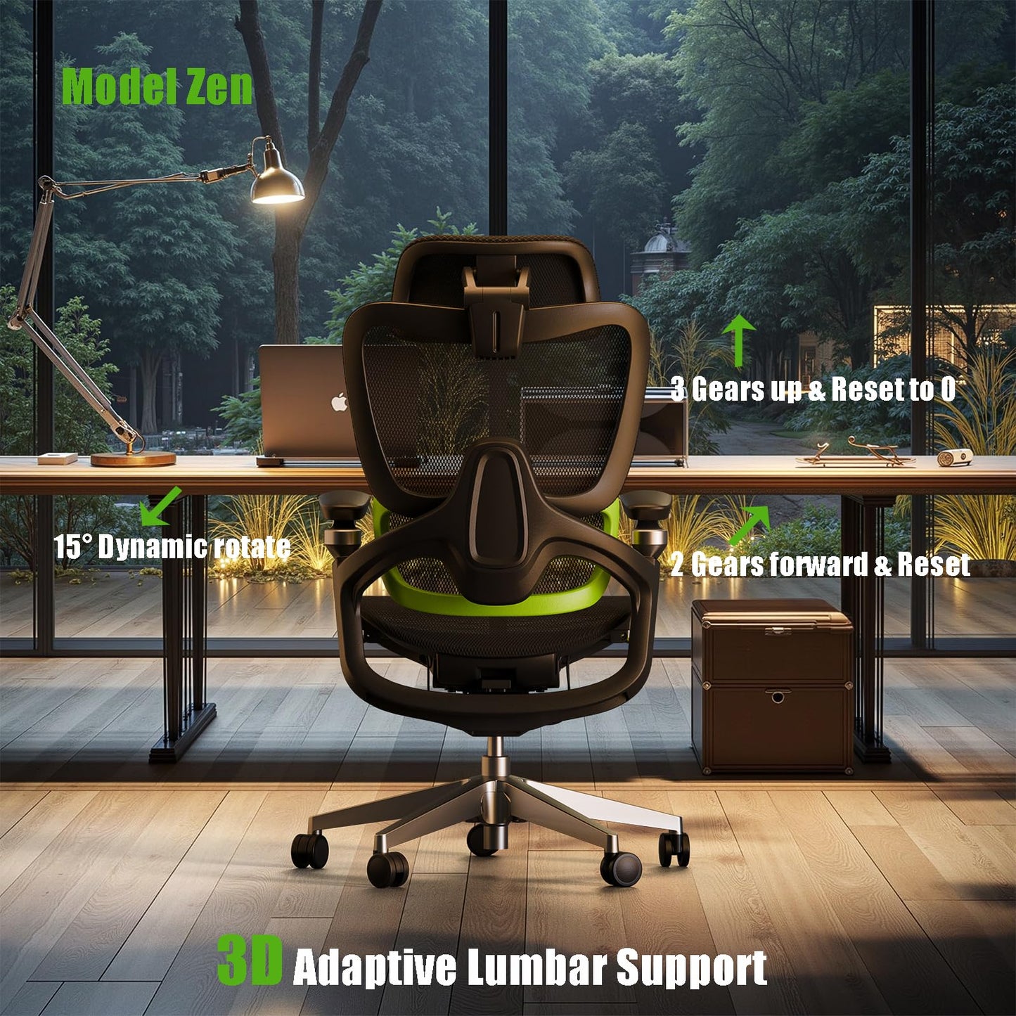 chirvana Ergonomic Office Chair, Mesh Home Office Desk Chair with Adaptive Lumbar Support, Gaming Chair with Headrest, 5D Armrest,90-130°Tilt, BIFMA Certified, Model Zen (Green)