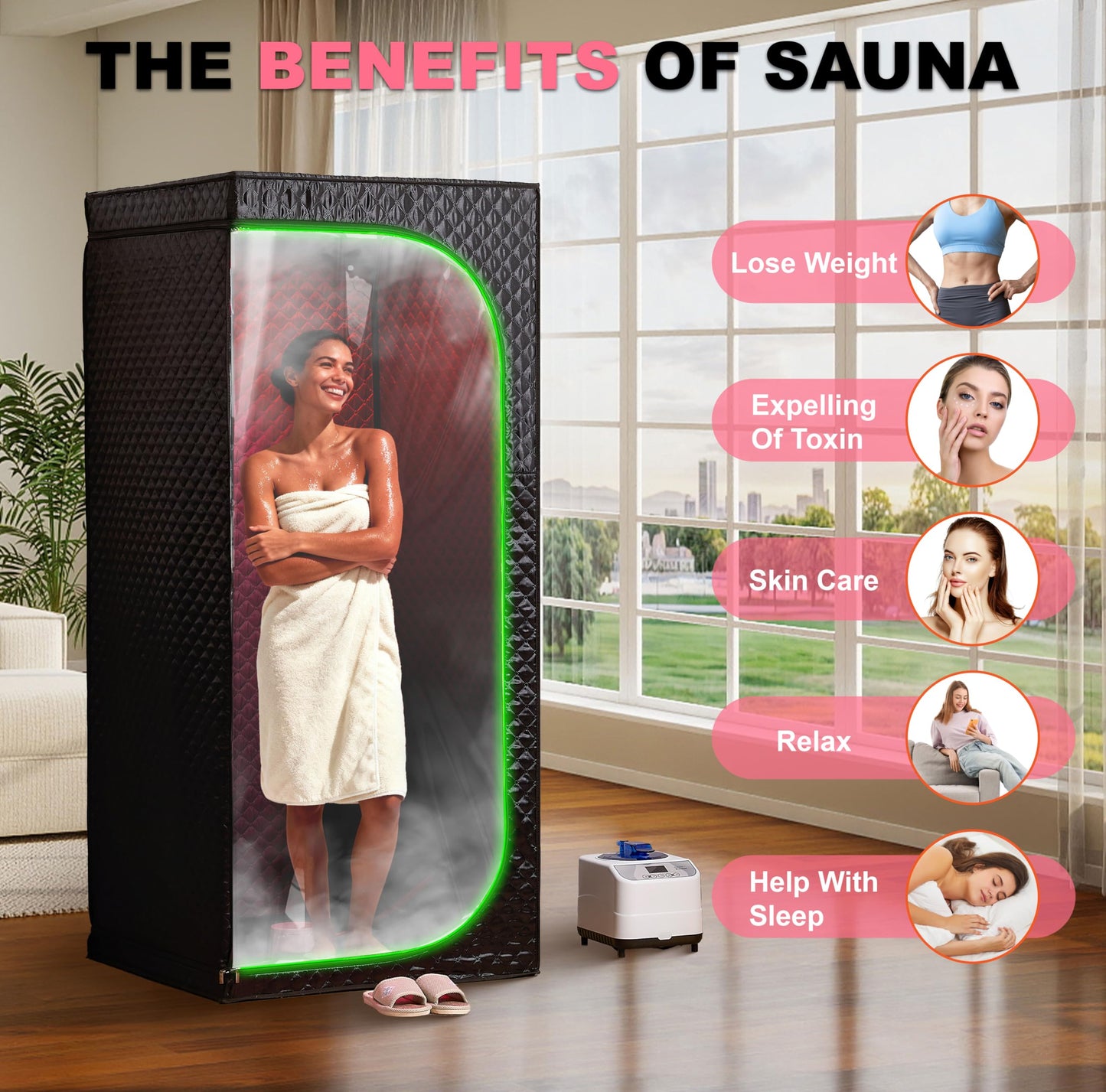 Infrared Sauna & Steam Sauna Box for Home, Portable Personal Sauna with Transparent Door, Powerful Steam Heating, Foldable Indoor Sauna for Relaxation, Detox & Muscle Recovery ( Red Light, Black)