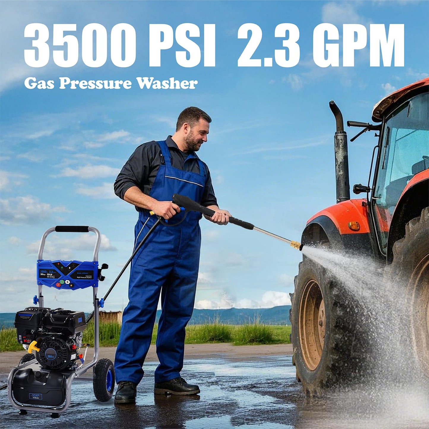 Ezasin Gas Pressure Washer 3500 PSI, 2.3 GPM Heavy Duty High Power Washer,209CC 7HP Engine with 25Ft Pressure Hose, Axial Aluminum Pump, Soap Tank, 4 Quick Connect Nozzle (Blue)