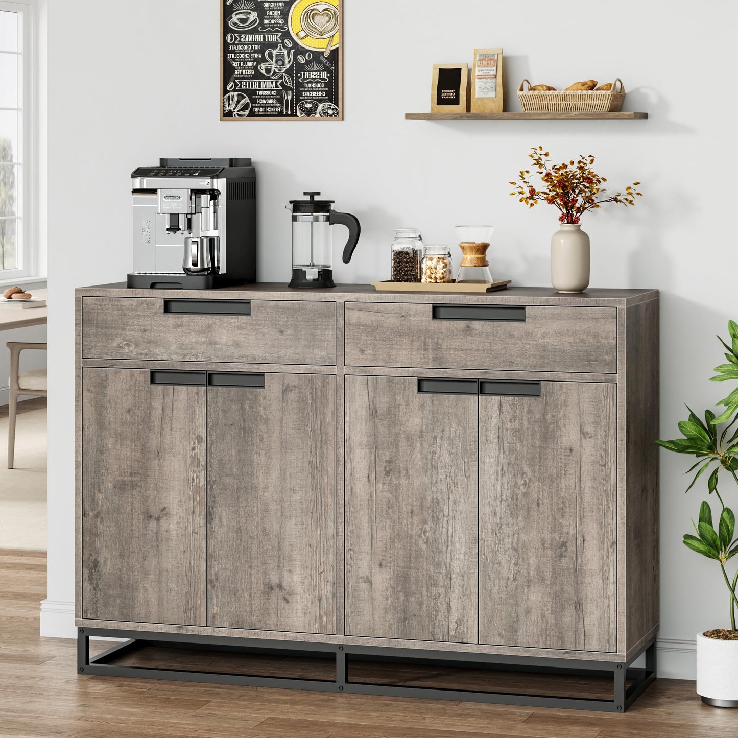GAOMON Sideboard Buffet Cabinet, 55" Large Modern Kitchen Storage Cabinet with 2 Drawers and 4 Doors, Coffee Bar Buffet Table for Kitchen and Dining Room, Gray