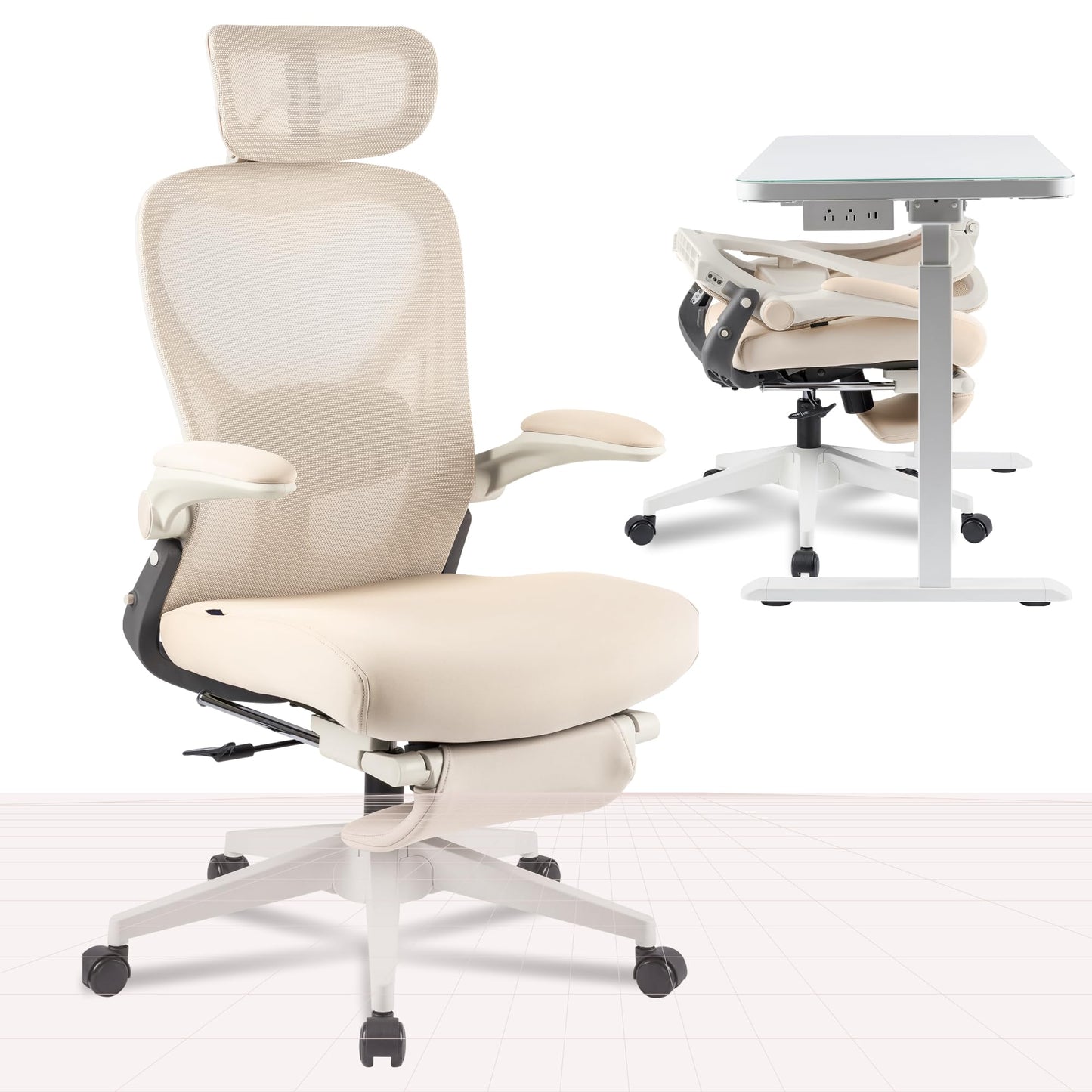 FLEXISPOT Foldex Office Folding Chair, Ergonomic Chair for Small Spaces with Lumbar Support, Flip-up Armrests, 3D Headrest, Desk Chairs with Footrest for Work,Video Game Cream